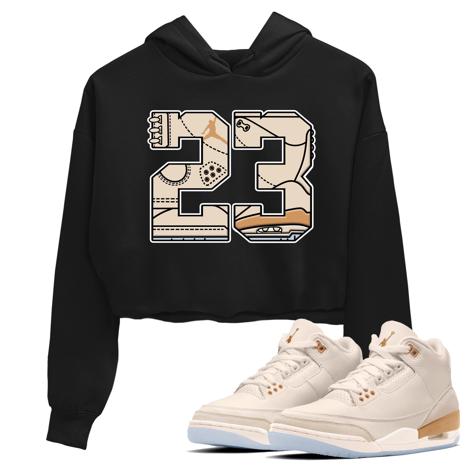 Sneaker match tees – Sneaker Tees To Match Air Jordan 3 Champagne and Oysters Shoes – 23 Crop T-Shirt Black 1