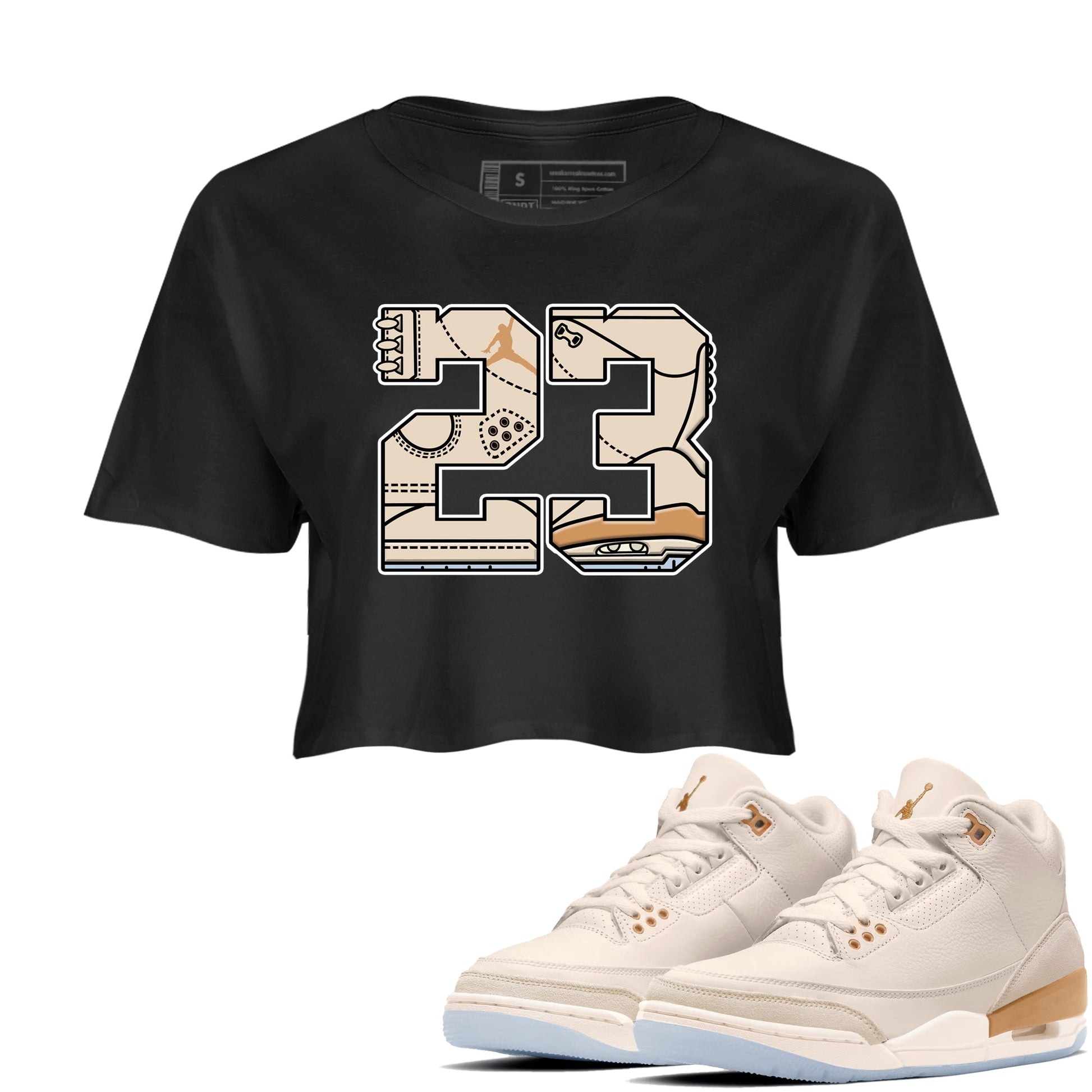 Sneaker match tees – Sneaker Tees To Match Air Jordan 3 Champagne and Oysters Shoes – 23 Crop T-Shirt Black 1