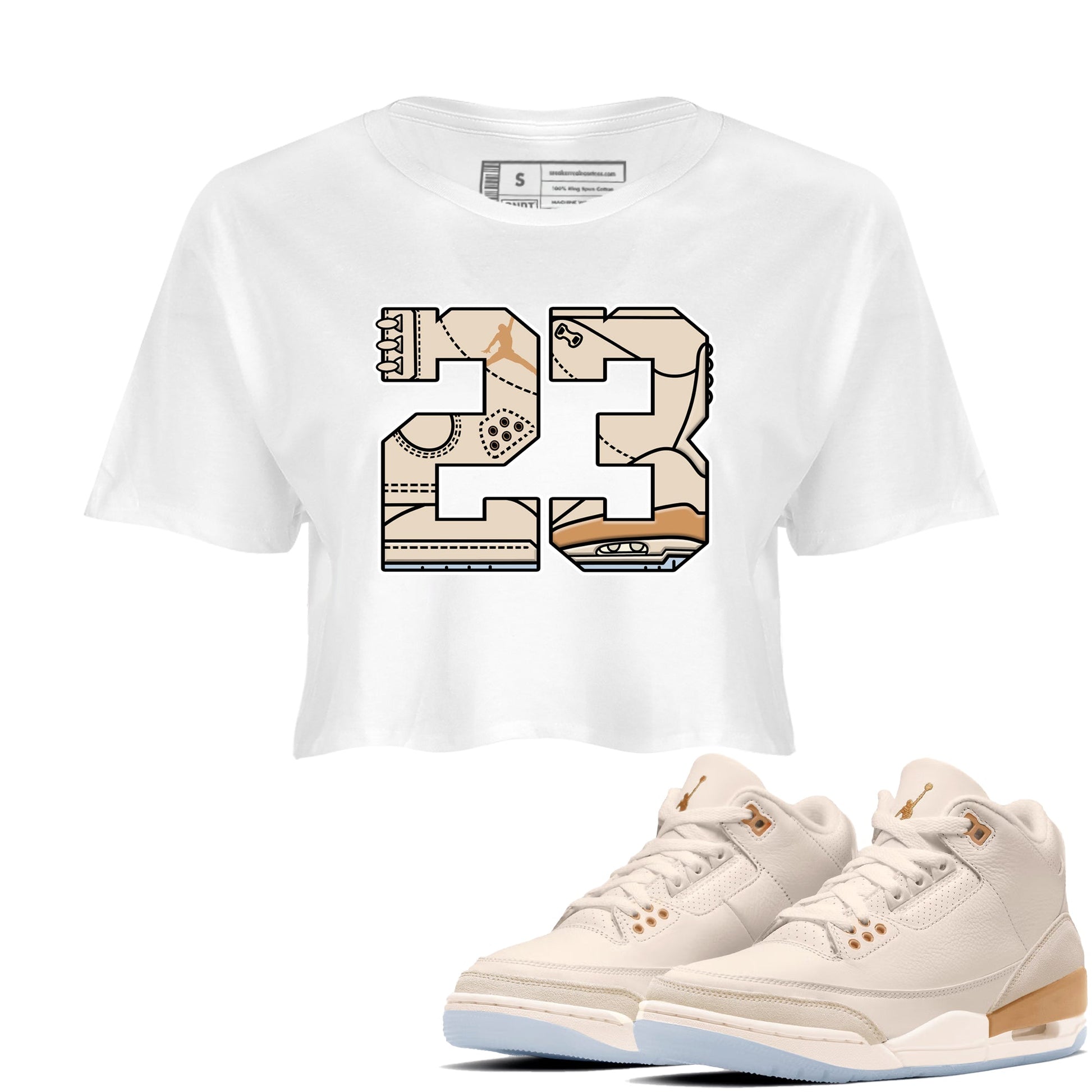 Sneaker match tees – Sneaker Tees To Match Air Jordan 3 Champagne and Oysters Shoes – 23 Crop T-Shirt White 1