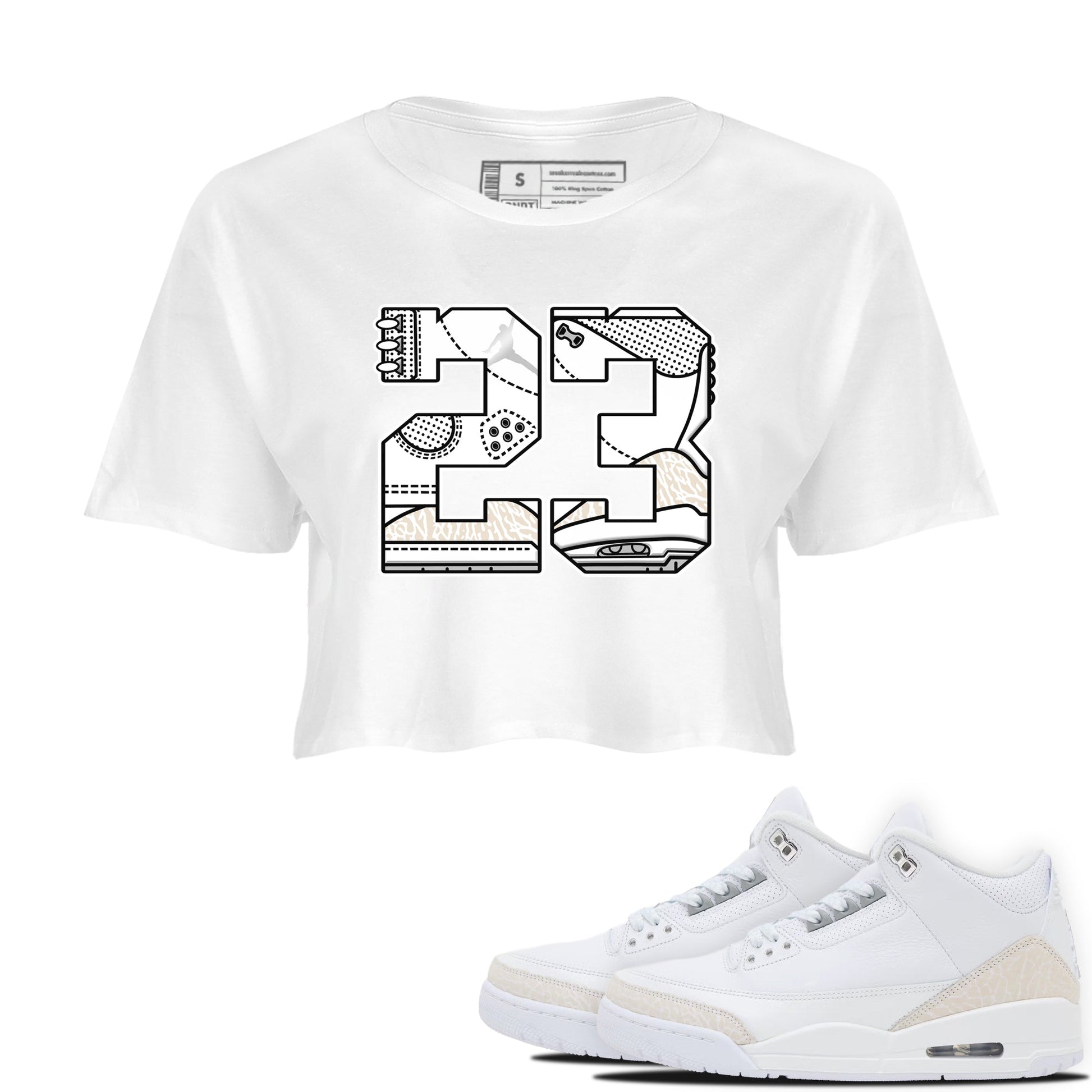 23 womens crop tee made to vibe with the Air Jordan 3 Pure Money sneakers — the perfect match in White 1.