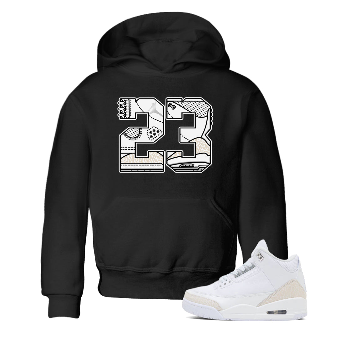 23 baby and kids t-shirt crafted for little sneakerheads to shine with the Air Jordan 3 Pure Money sneakers, displayed in Black 1.