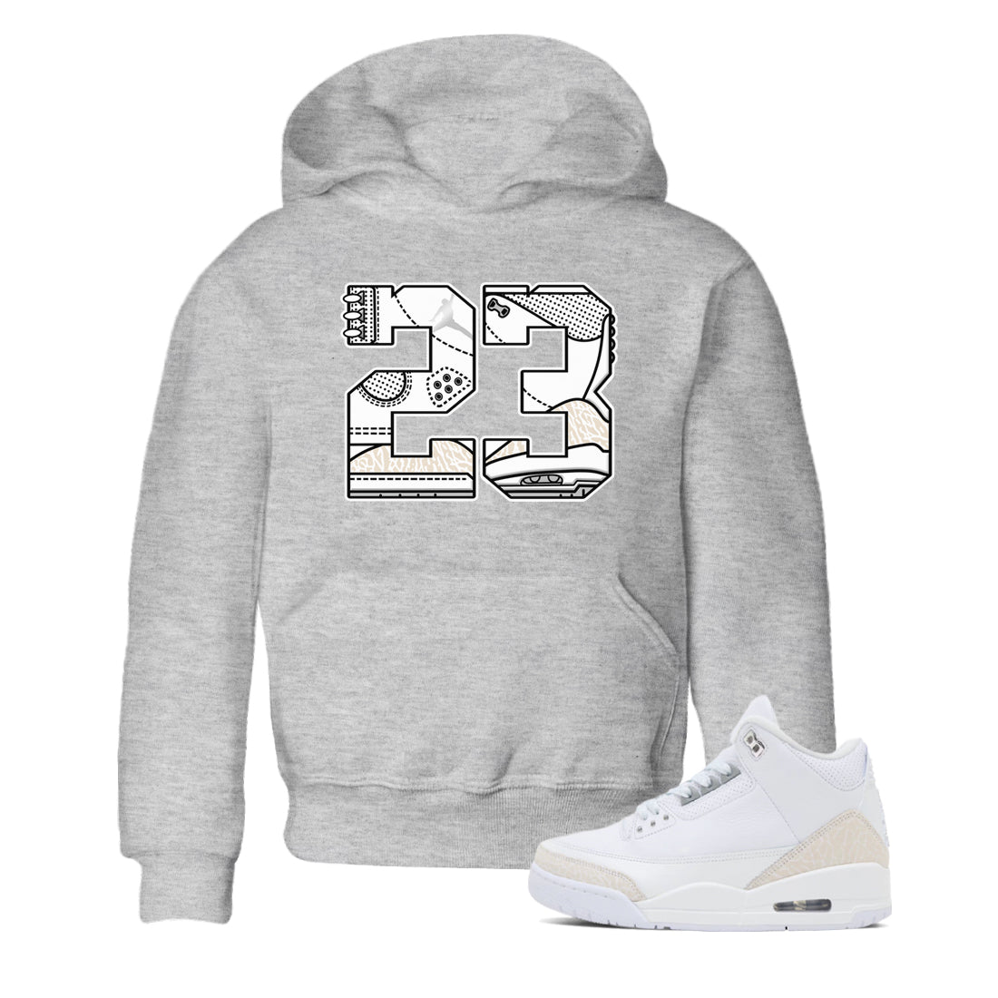 23 baby and kids t-shirt crafted for little sneakerheads to shine with the Air Jordan 3 Pure Money sneakers, displayed in Heather Grey 1.