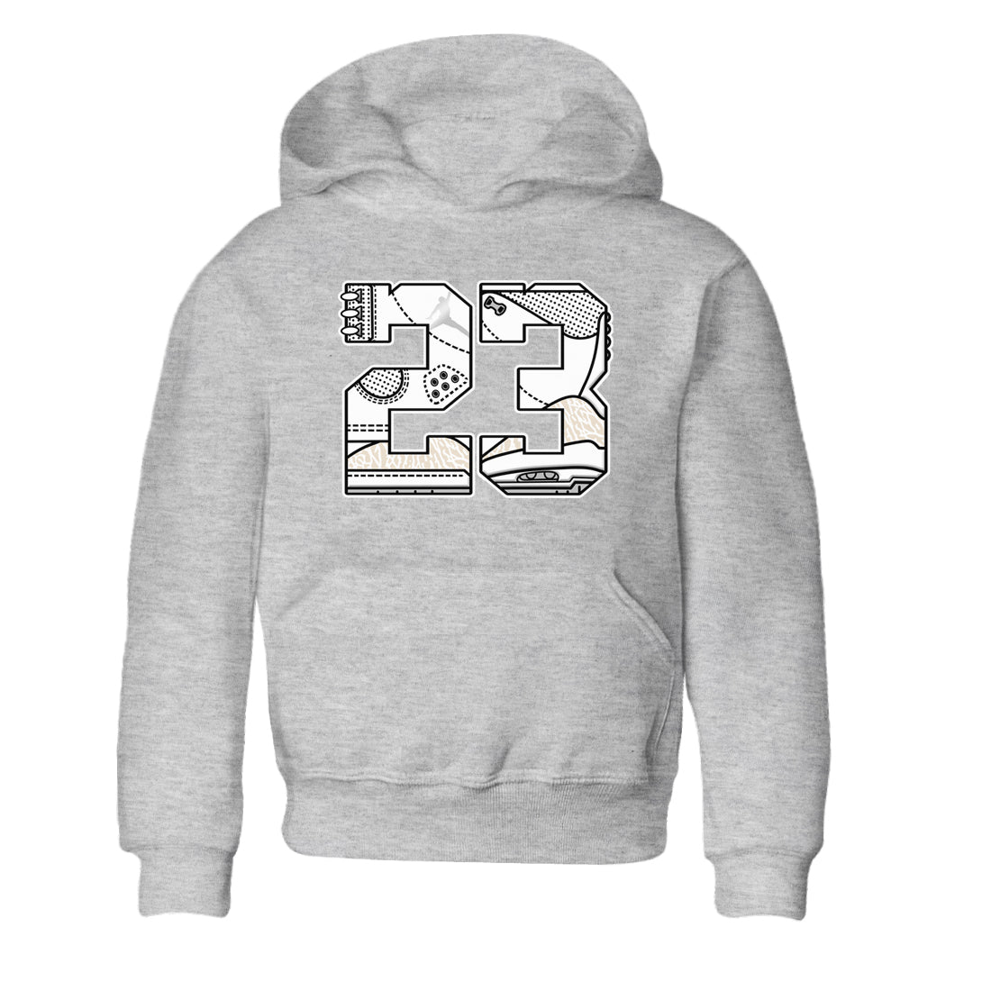 23 baby and kids t-shirt crafted for little sneakerheads to shine with the Air Jordan 3 Pure Money sneakers, displayed in Heather Grey 2.