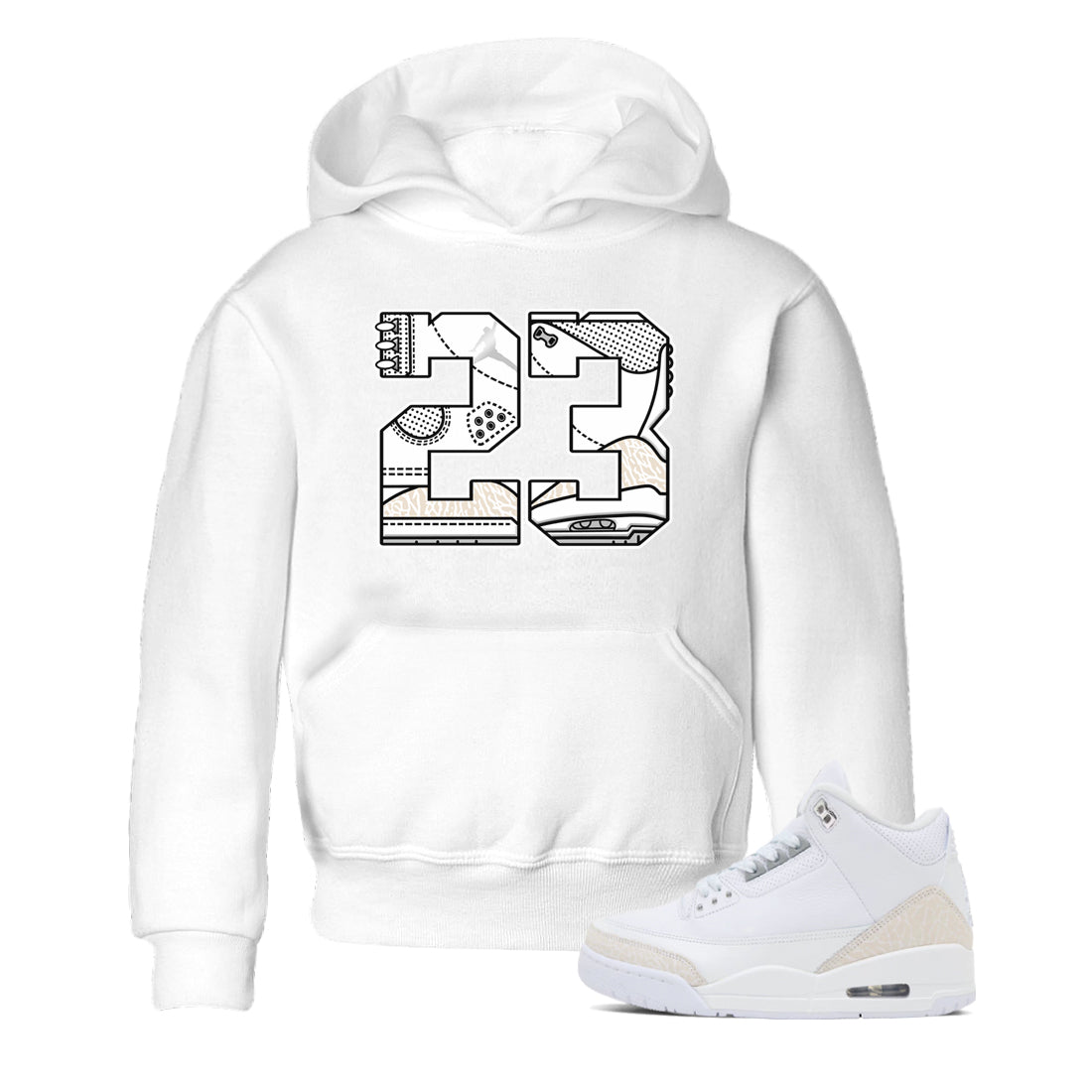 23 baby and kids t-shirt crafted for little sneakerheads to shine with the Air Jordan 3 Pure Money sneakers, displayed in White 1.