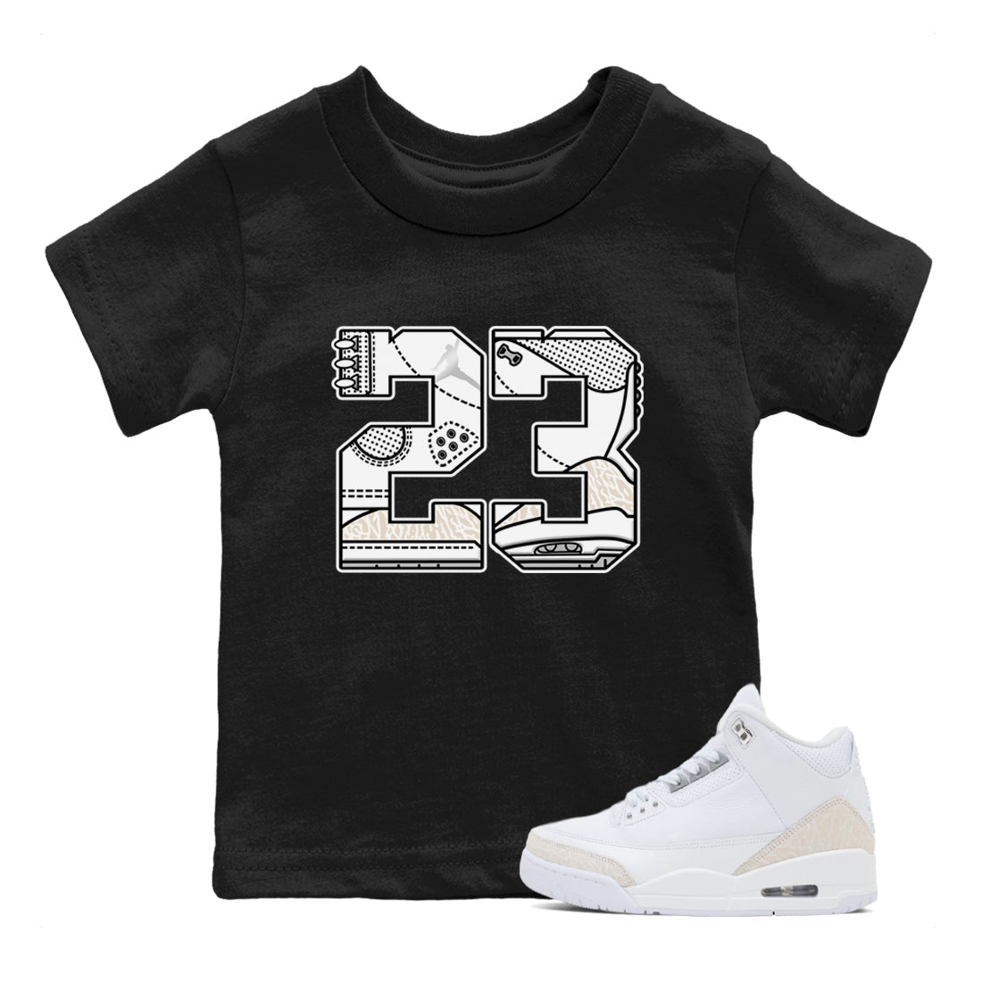 23 baby and kids t-shirt crafted for little sneakerheads to shine with the Air Jordan 3 Pure Money sneakers, displayed in Black 1.