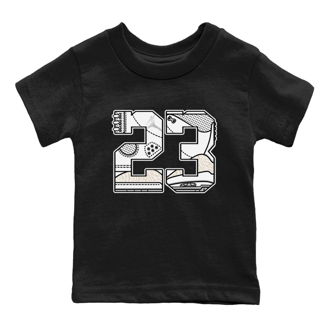 23 baby and kids t-shirt crafted for little sneakerheads to shine with the Air Jordan 3 Pure Money sneakers, displayed in Black 2.