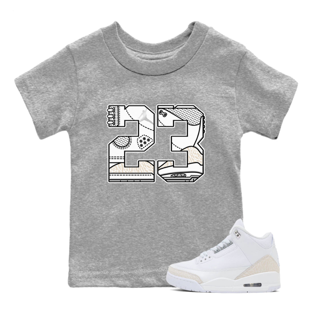 23 baby and kids t-shirt crafted for little sneakerheads to shine with the Air Jordan 3 Pure Money sneakers, displayed in Heather Grey 1.