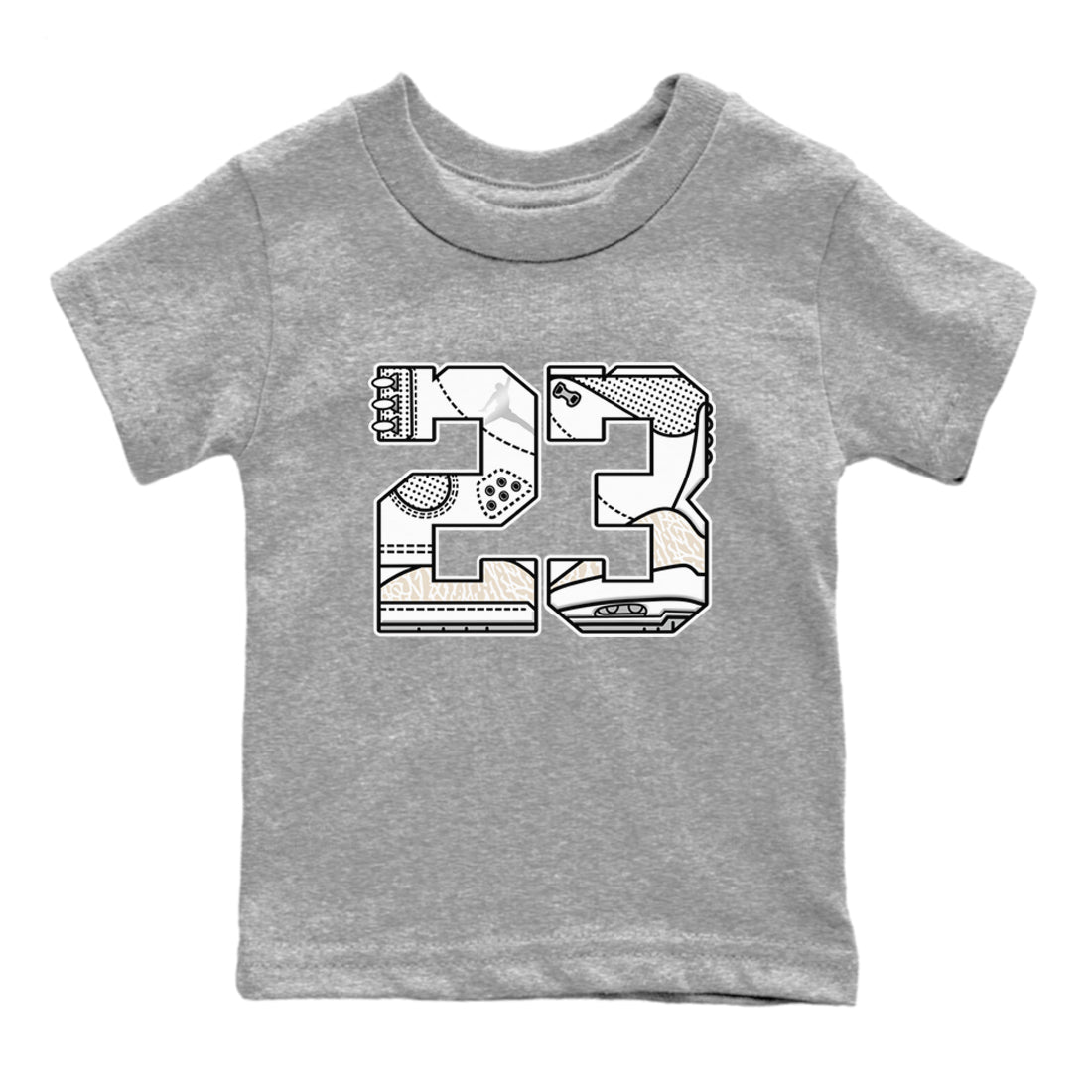 23 baby and kids t-shirt crafted for little sneakerheads to shine with the Air Jordan 3 Pure Money sneakers, displayed in Heather Grey 2.