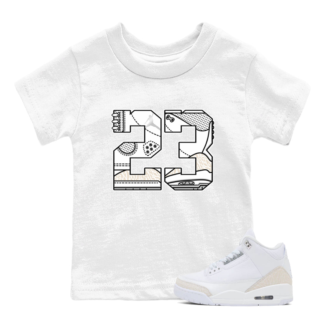 23 baby and kids t-shirt crafted for little sneakerheads to shine with the Air Jordan 3 Pure Money sneakers, displayed in White 1.