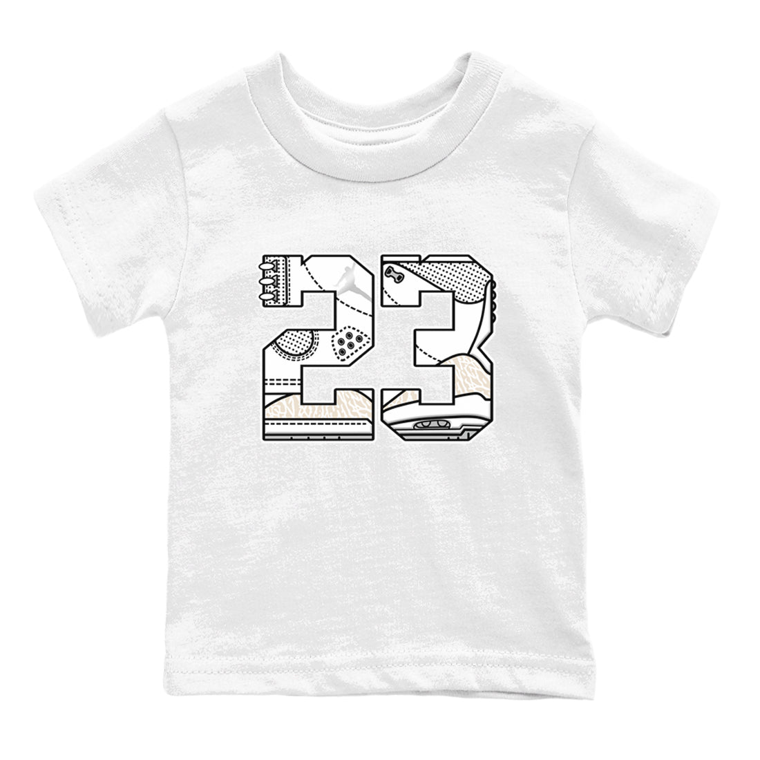 23 baby and kids t-shirt crafted for little sneakerheads to shine with the Air Jordan 3 Pure Money sneakers, displayed in White 2.
