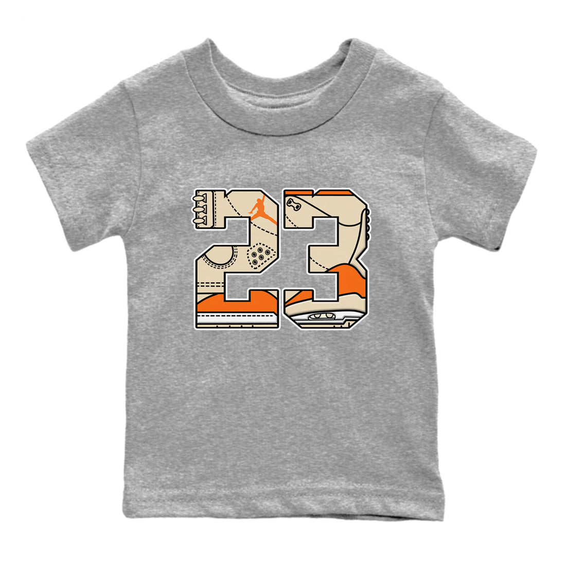 23 baby and kids t-shirt crafted for little sneakerheads to shine with the Air Jordan 3 Starfish sneakers, displayed in Heather Grey 2.