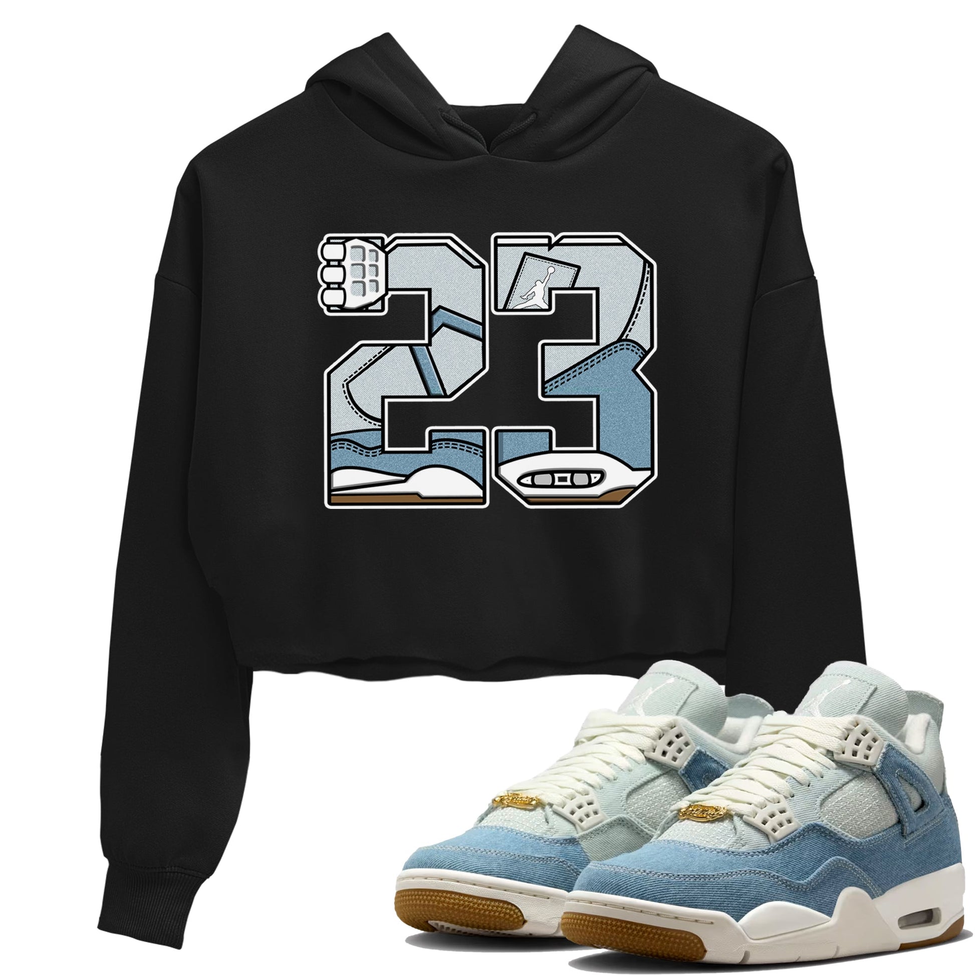 Sneaker match tees – Sneaker Tees To Match 4s Worn Blue Air Jordan 4 Denim Shoes – 23 Crop T-Shirt Black 1