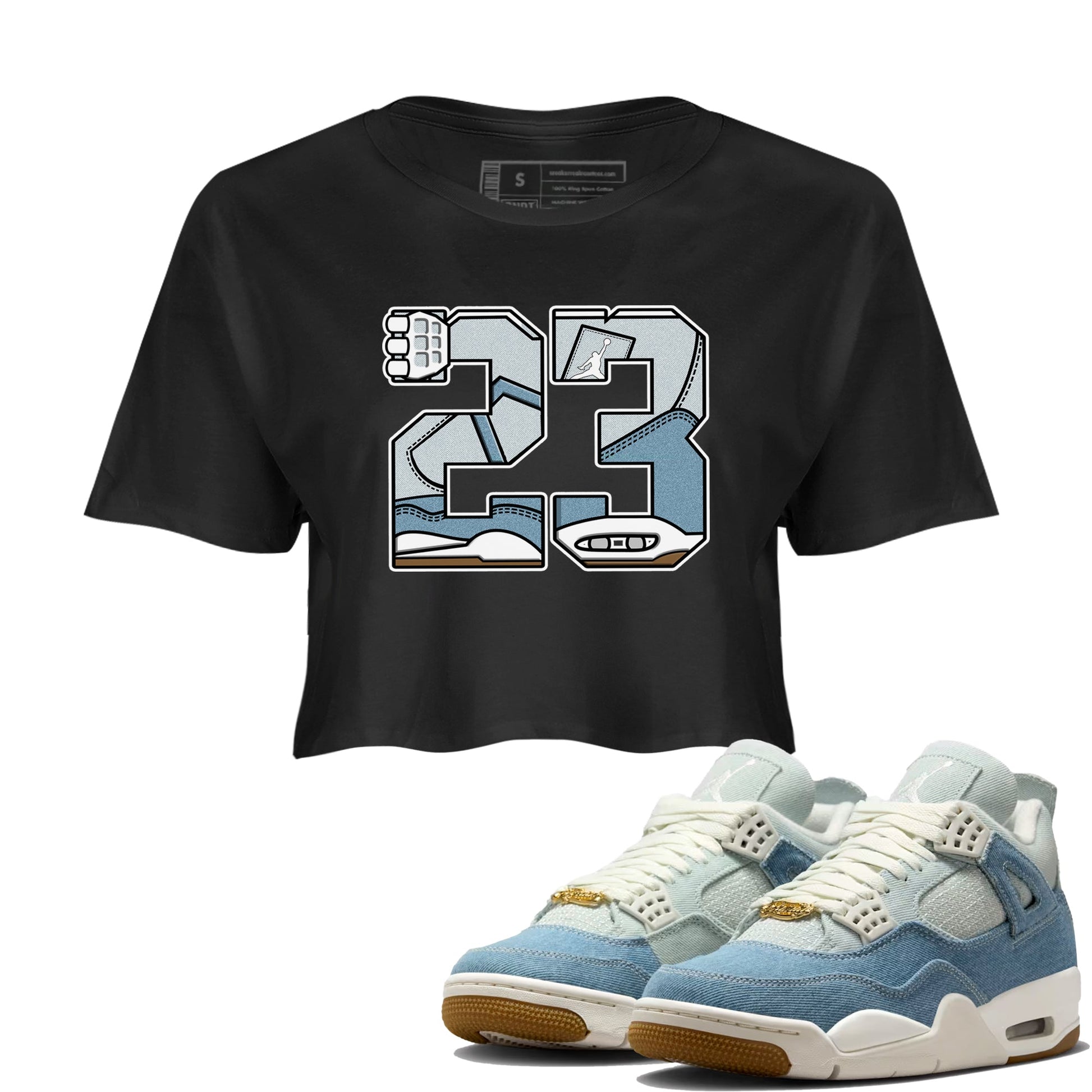 Sneaker match tees – Sneaker Tees To Match 4s Worn Blue Air Jordan 4 Denim Shoes – 23 Crop T-Shirt Black 1
