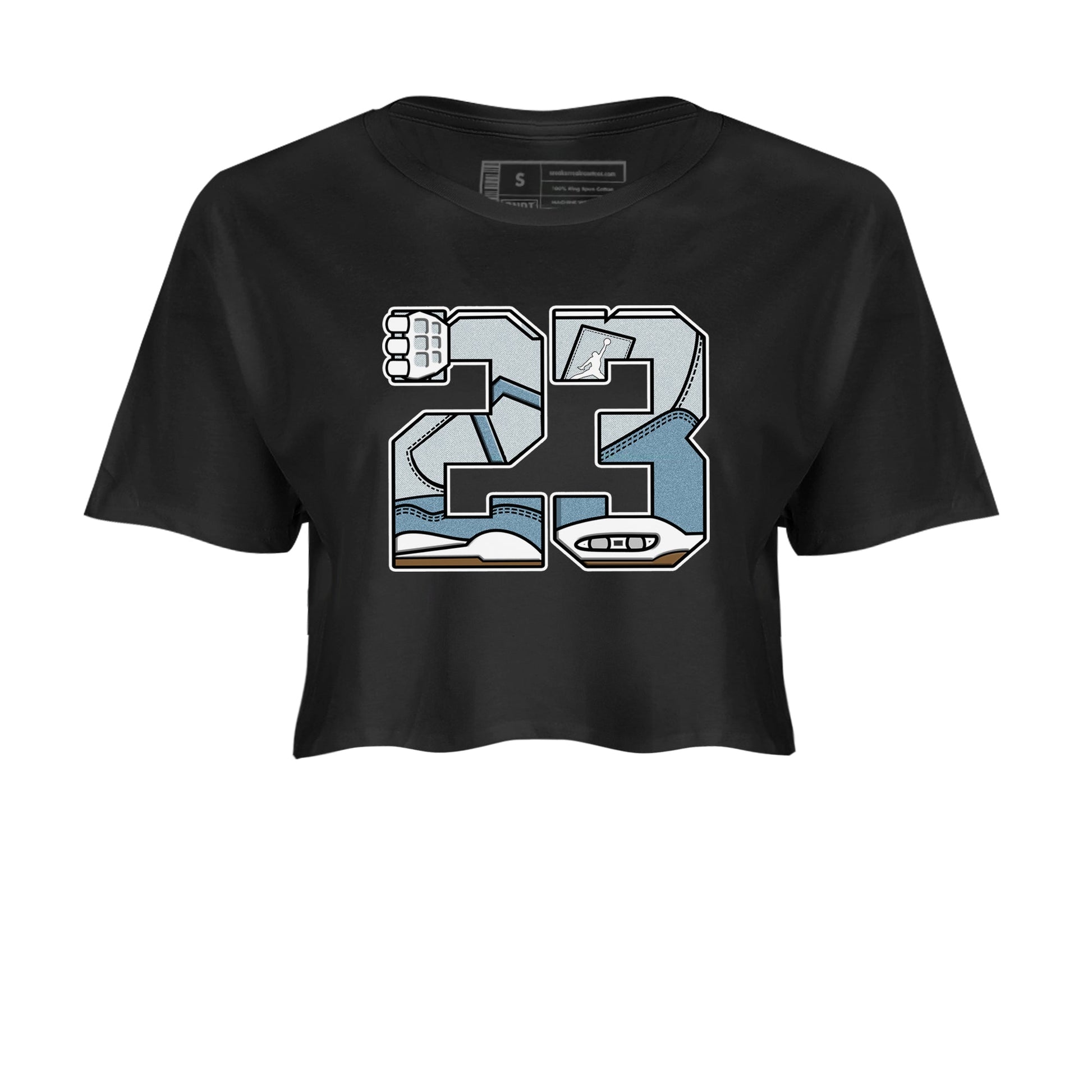 Sneaker match tees – Sneaker Tees To Match 4s Worn Blue Air Jordan 4 Denim Shoes – 23 Crop T-Shirt Black 2