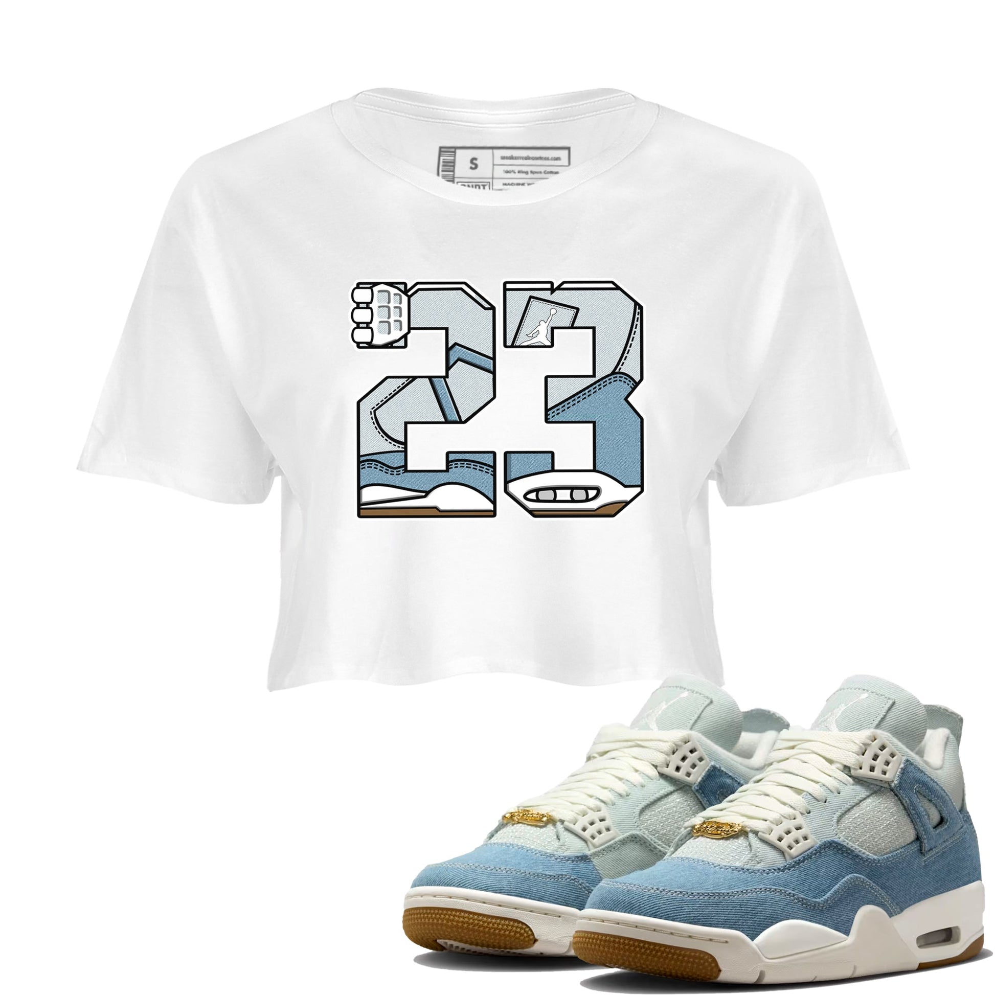 Sneaker match tees – Sneaker Tees To Match 4s Worn Blue Air Jordan 4 Denim Shoes – 23 Crop T-Shirt White 1