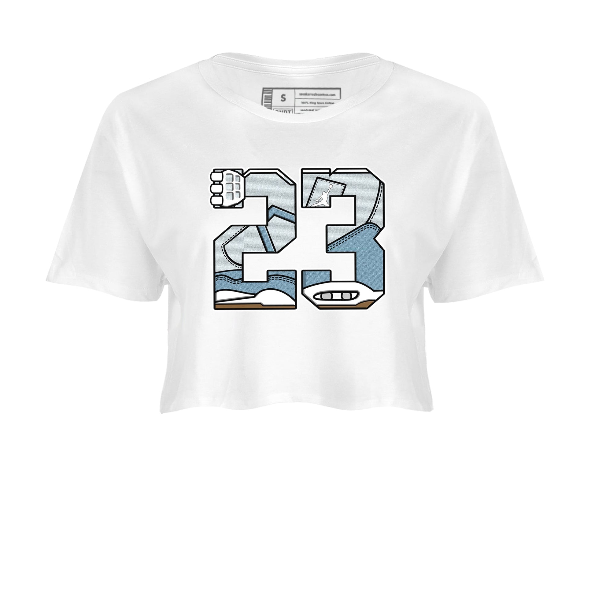 Sneaker match tees – Sneaker Tees To Match 4s Worn Blue Air Jordan 4 Denim Shoes – 23 Crop T-Shirt White 2
