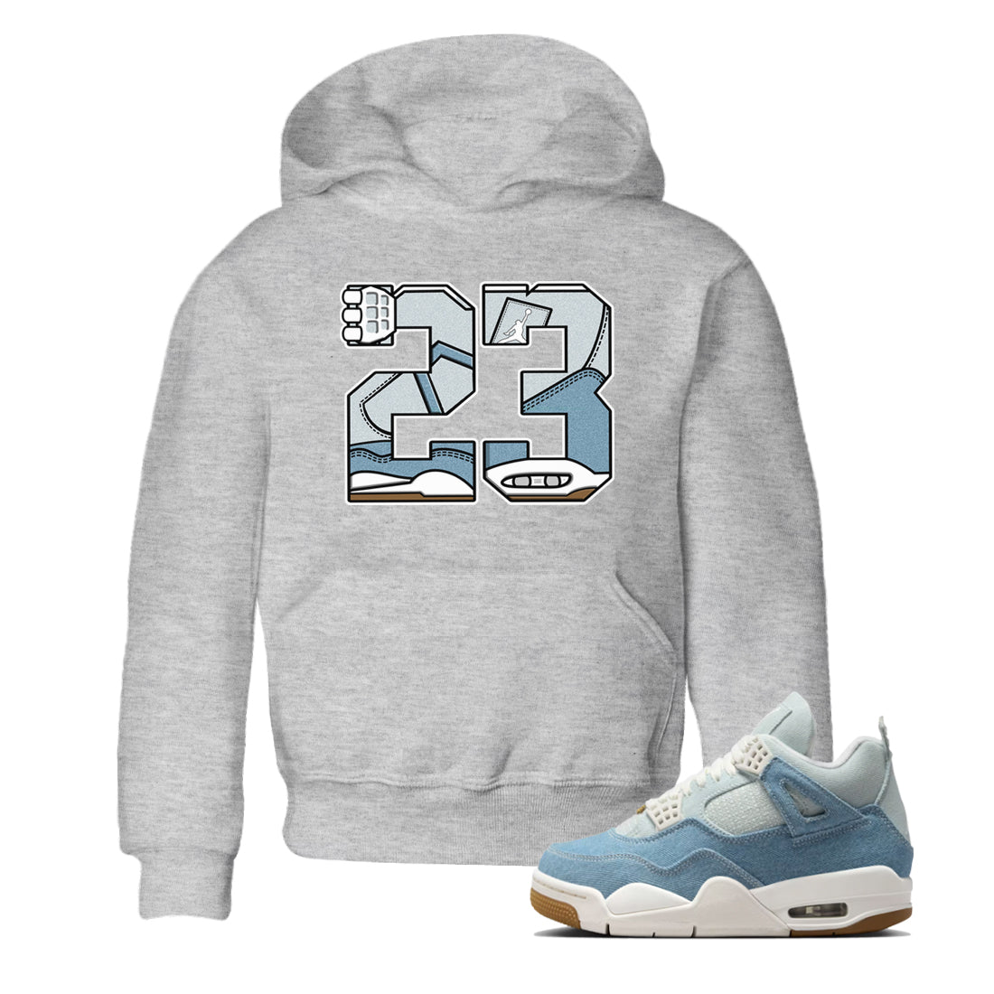 Sneaker match tees – Sneaker Tees To Match 4s Worn Blue Air Jordan 4 Denim Shoes – 23 Kids T-Shirt Heather Grey 1