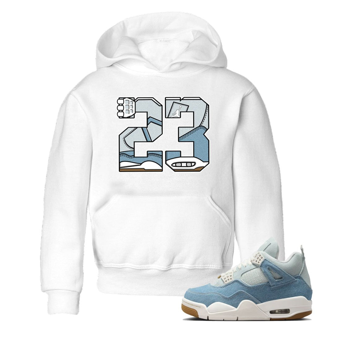 Sneaker match tees – Sneaker Tees To Match 4s Worn Blue Air Jordan 4 Denim Shoes – 23 Kids T-Shirt White 1