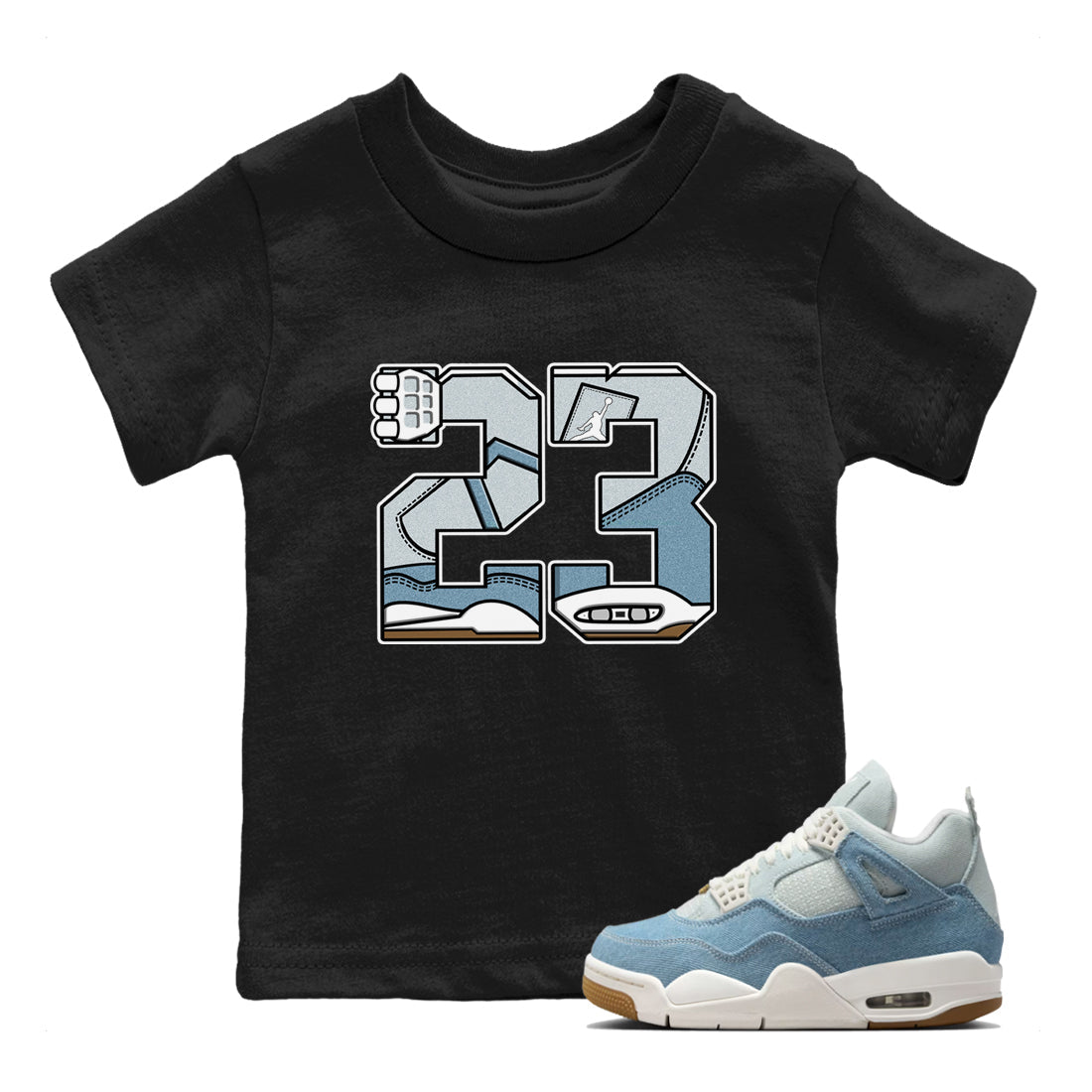 Sneaker match tees – Sneaker Tees To Match 4s Worn Blue Air Jordan 4 Denim Shoes – 23 Kids T-Shirt Black 1