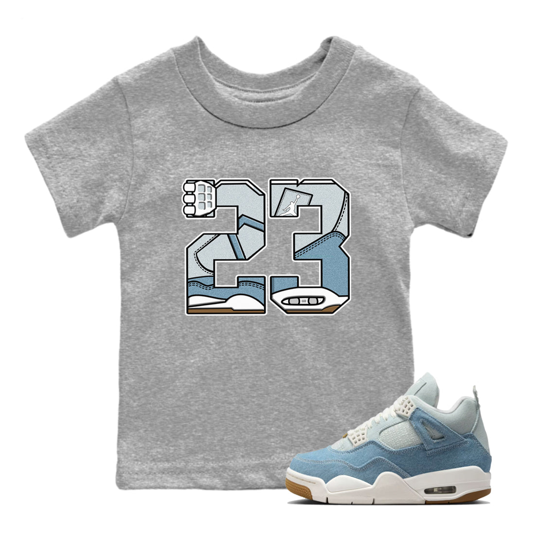 Sneaker match tees – Sneaker Tees To Match 4s Worn Blue Air Jordan 4 Denim Shoes – 23 Kids T-Shirt Heather Grey 1