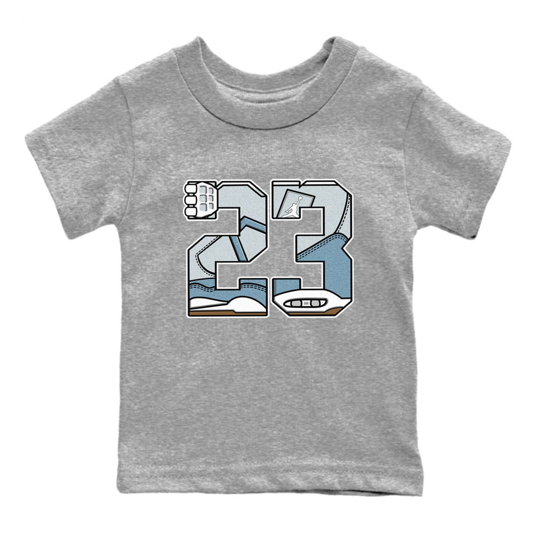Sneaker match tees – Sneaker Tees To Match 4s Worn Blue Air Jordan 4 Denim Shoes – 23 Kids T-Shirt Heather Grey 2