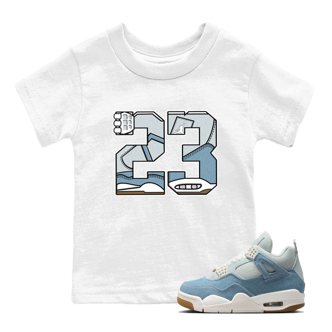 Sneaker match tees – Sneaker Tees To Match 4s Worn Blue Air Jordan 4 Denim Shoes – 23 Kids T-Shirt White 1