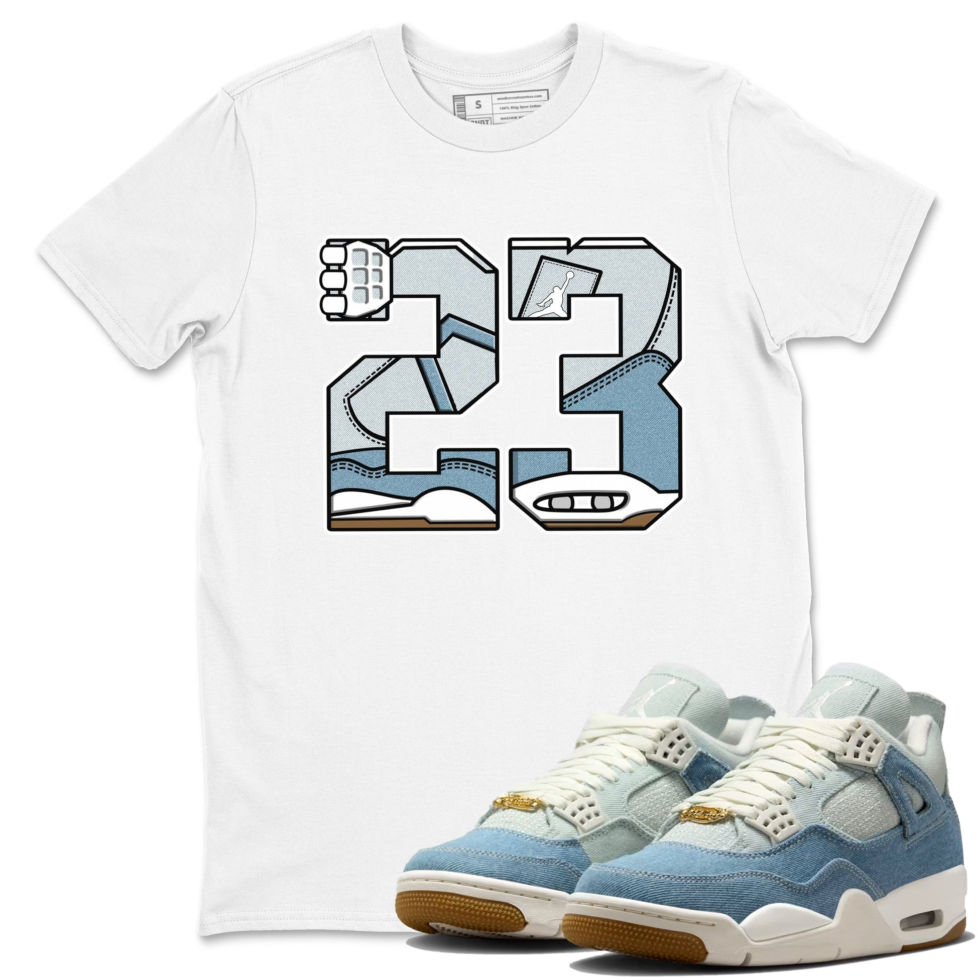 Sneaker match tees – Sneaker Tees To Match 4s Worn Blue Air Jordan 4 Denim Shoes – 23 Tee White 1