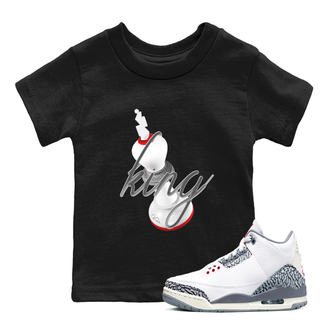 3s Cement Grey shirts to match jordans 3D King sneaker match tees Air Jordan 3 Cement Grey SNRT Sneaker Release Tees Youth Baby Black 1 crew neck shirts