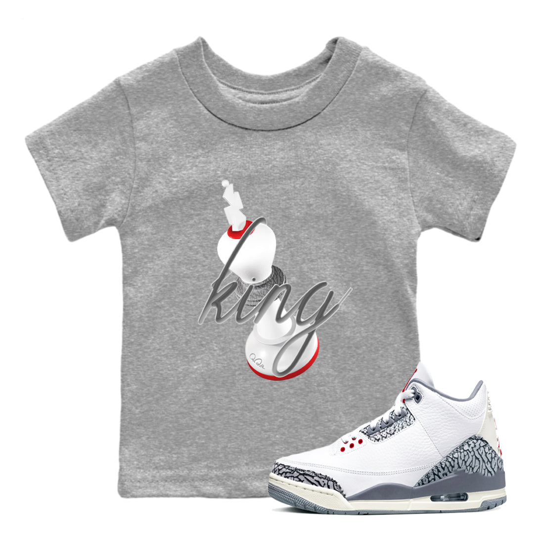 3s Cement Grey shirts to match jordans 3D King sneaker match tees Air Jordan 3 Cement Grey SNRT Sneaker Release Tees Youth Baby Heather Grey 1 crew neck shirts