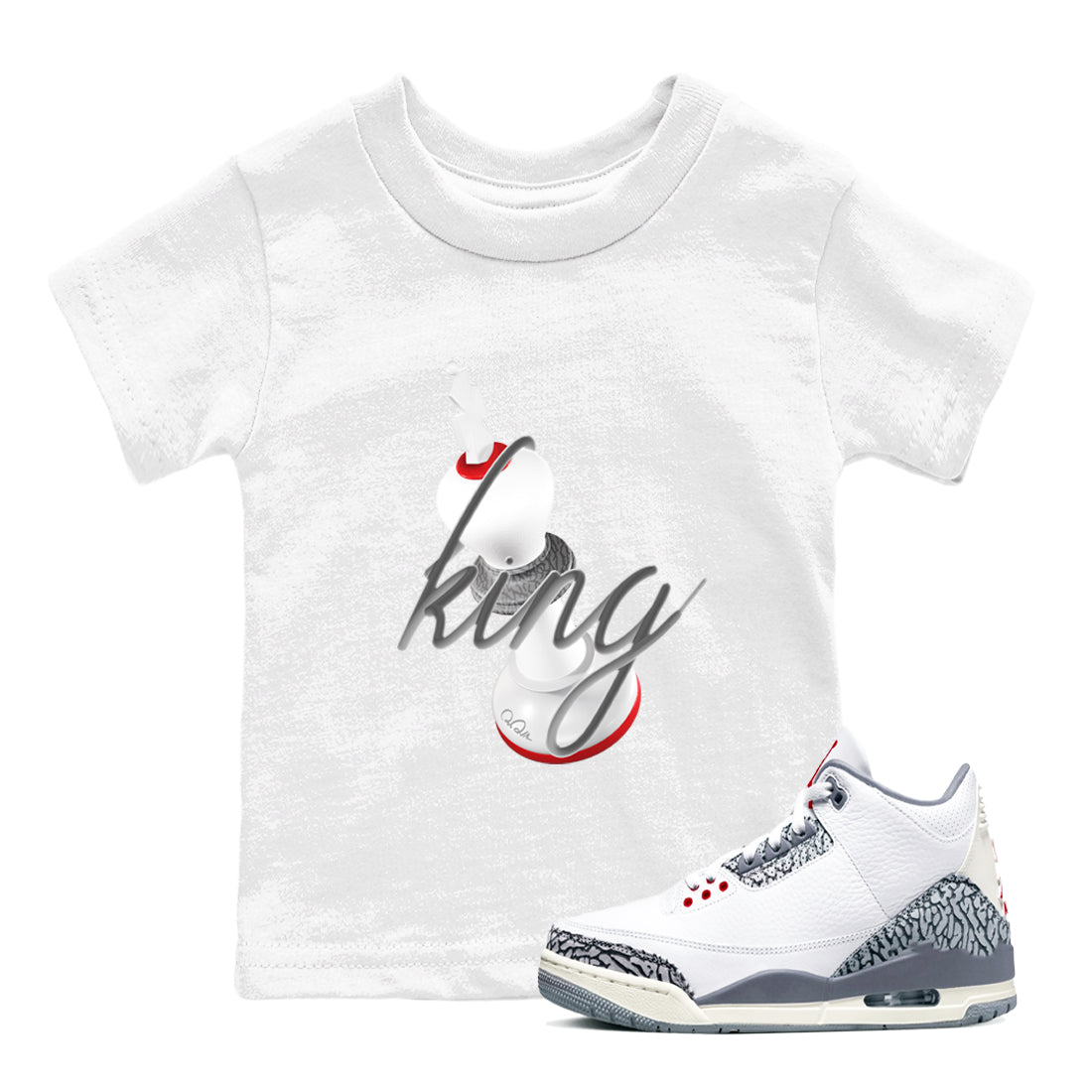 3s Cement Grey shirts to match jordans 3D King sneaker match tees Air Jordan 3 Cement Grey SNRT Sneaker Release Tees Youth Baby White 1 crew neck shirts