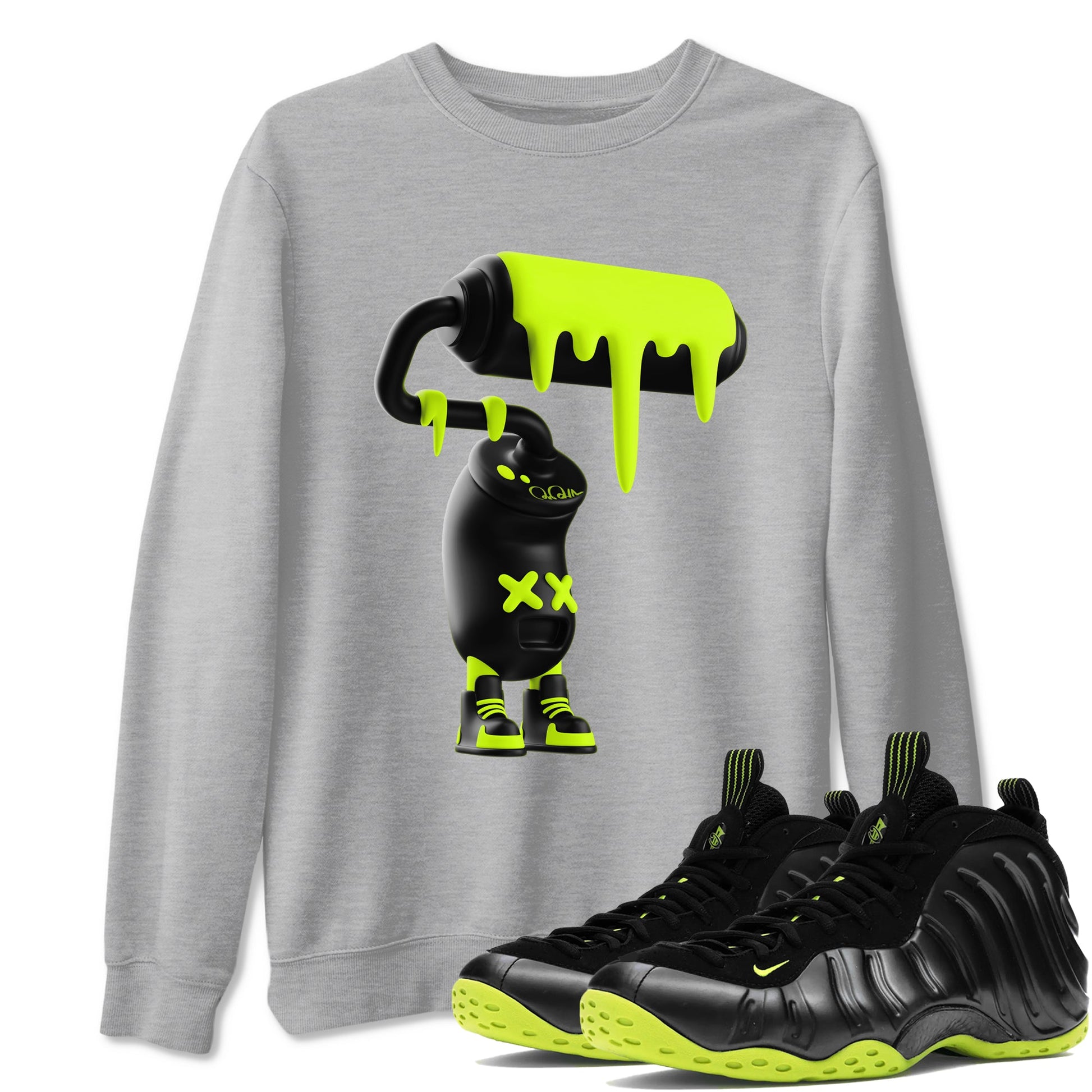 Foams One Black Volt shirts to match jordans 3D Paint Roller sneaker match tees Air Foamposite One Black and Volt match shoes to clothes SNRT Sneaker Tees unisex cotton Heather Grey 1 shirts