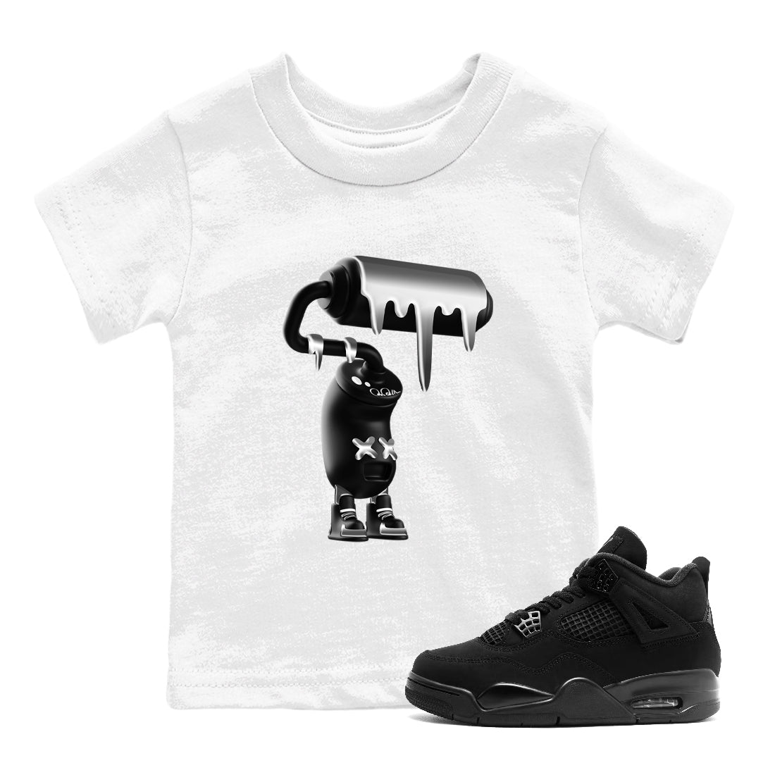 4s Black Cat Sneaker match tees – Sneaker Tees To Match Air Jordan 4 Black Cat Shoes – 3D Paint Roller Kids T-Shirt White 1
