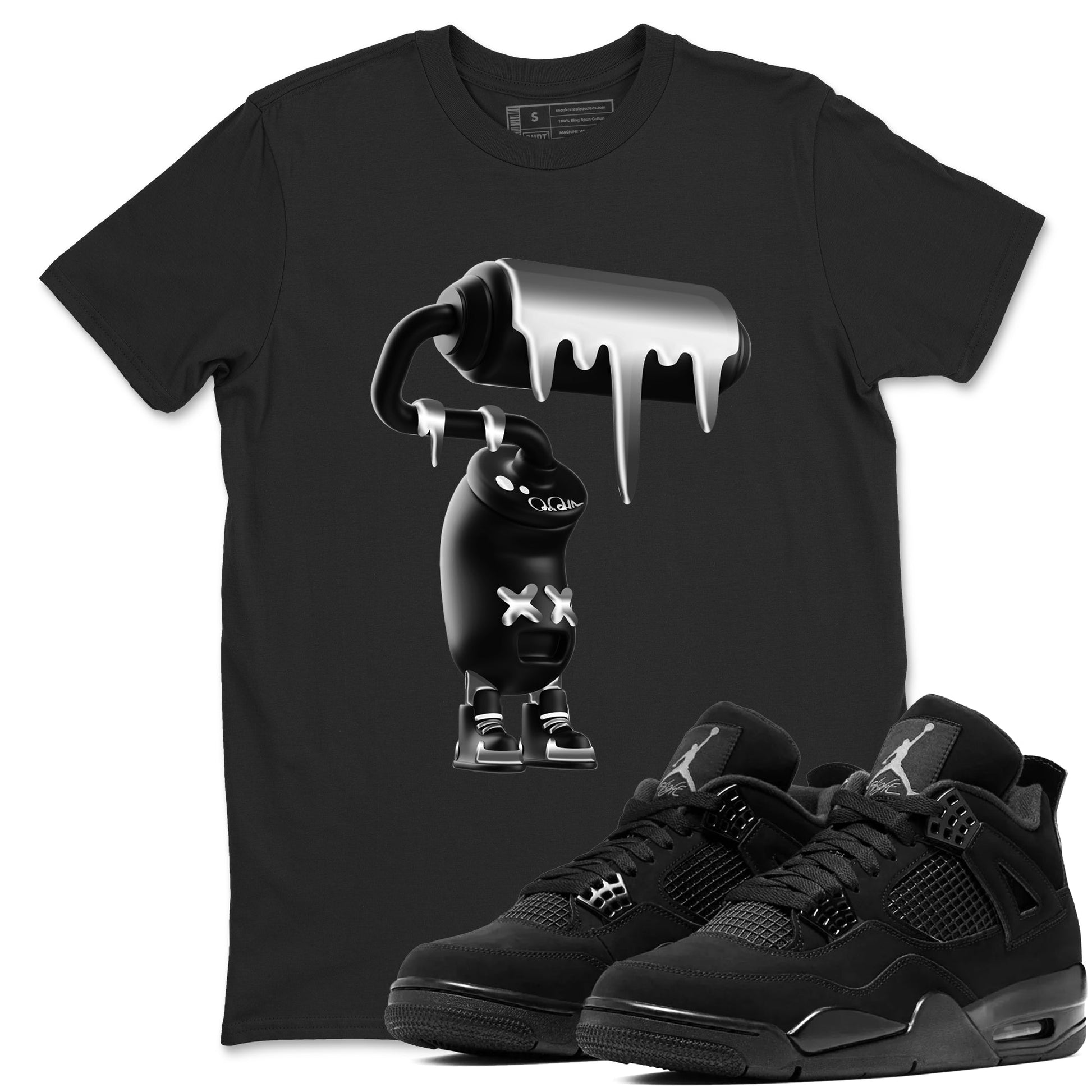 4s Black Cat Sneaker match tees – Sneaker Tees To Match Air Jordan 4 Black Cat Shoes – 3D Paint Roller Tee Black 1
