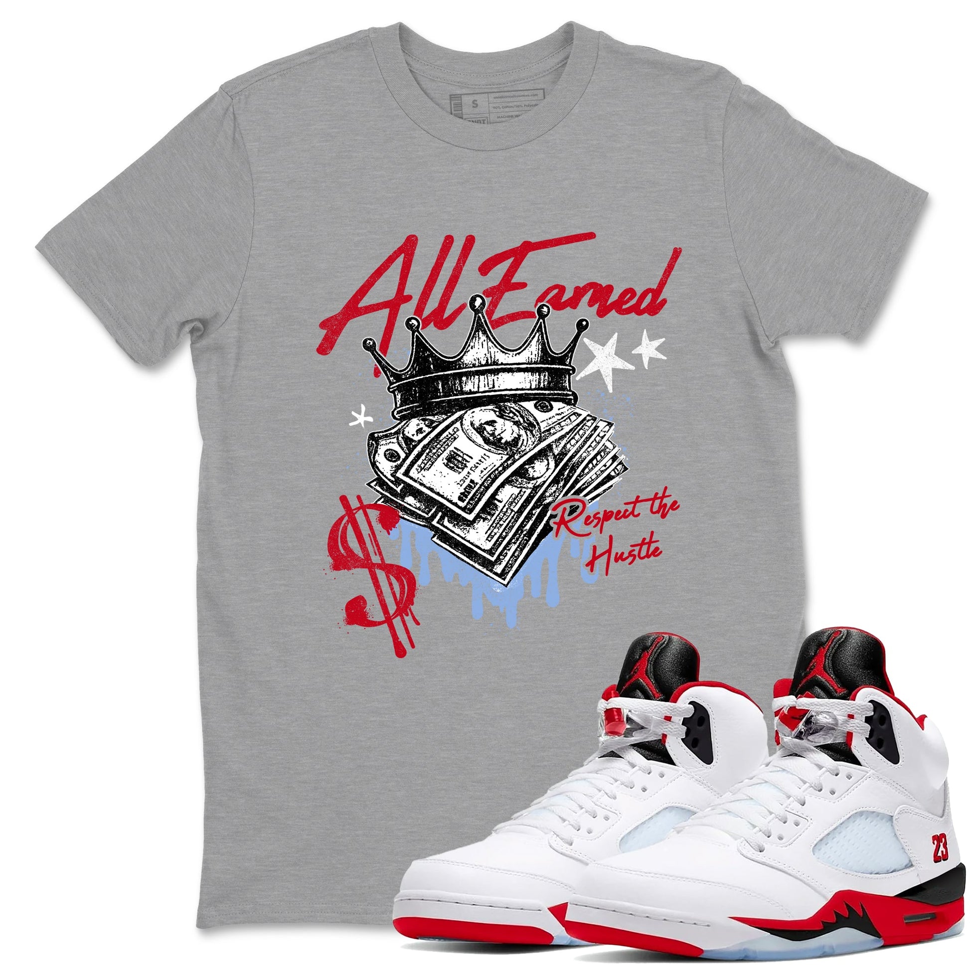 Sneaker match tees – Sneaker Tees To Match Air Jordan 5 Fire Red Shoes – All Earned Tee Heather Grey 1