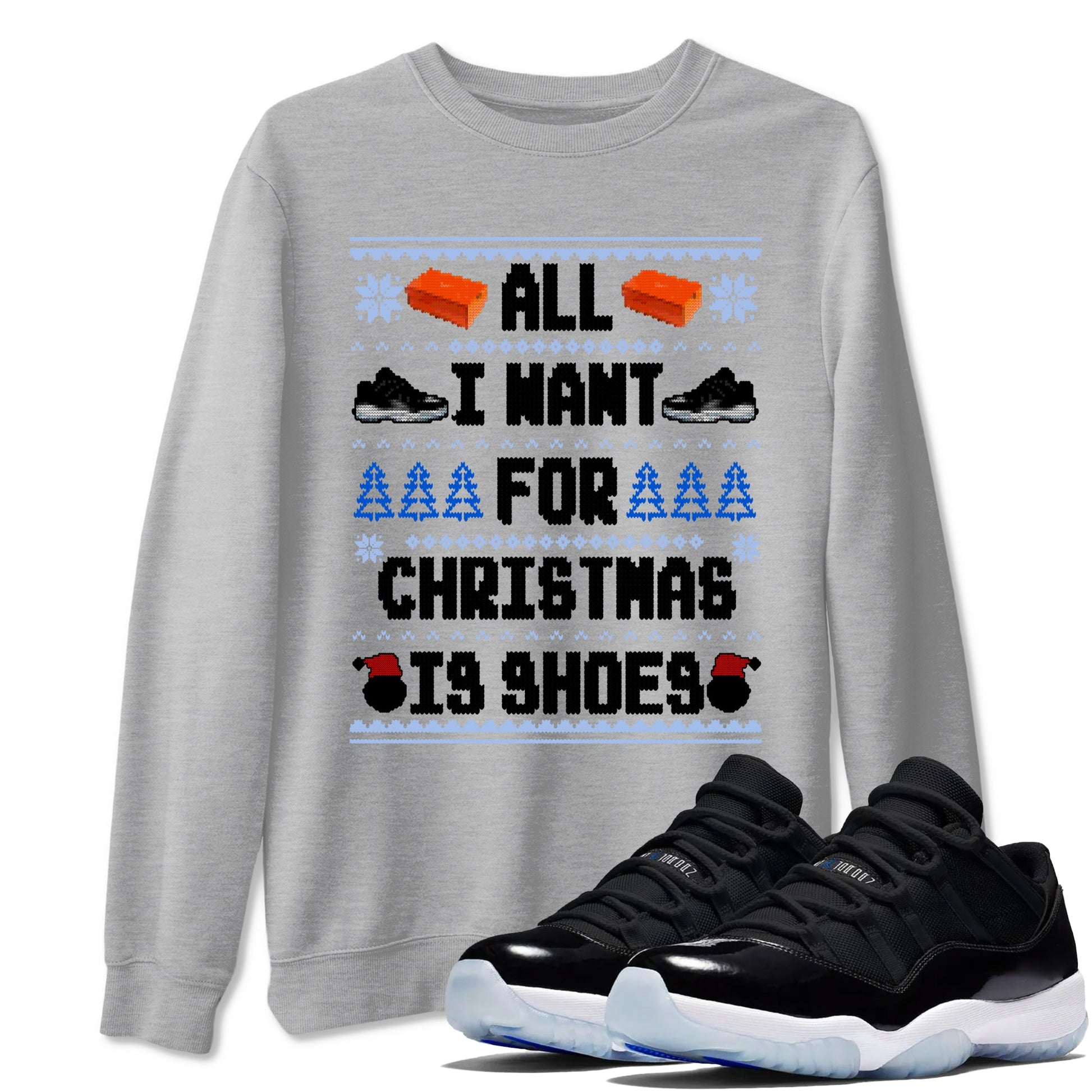 Jordan 11 Low Space Jam t shirts to match sneakers Special Christmas Shirts All I Want For Christmas Is Shoes sneaker match tees Air Jordan 11 Black and Varsity Royal sneaker match tee SNRT Sneaker Tees unisex cotton Heather Grey 1 shirts