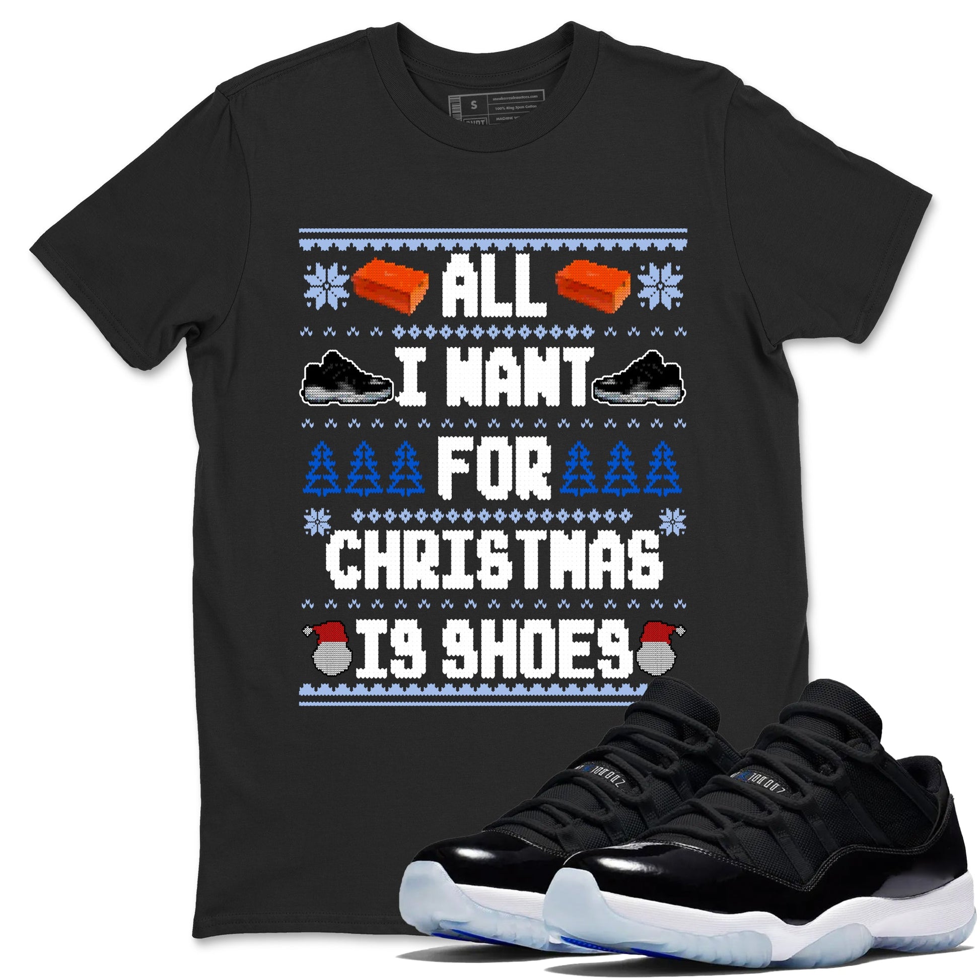 Jordan 11 Low Space Jam t shirts to match sneakers Special Christmas Shirts All I Want For Christmas Is Shoes sneaker match tees Air Jordan 11 Black and Varsity Royal sneaker match tee SNRT Sneaker Tees unisex cotton Black 1 shirts