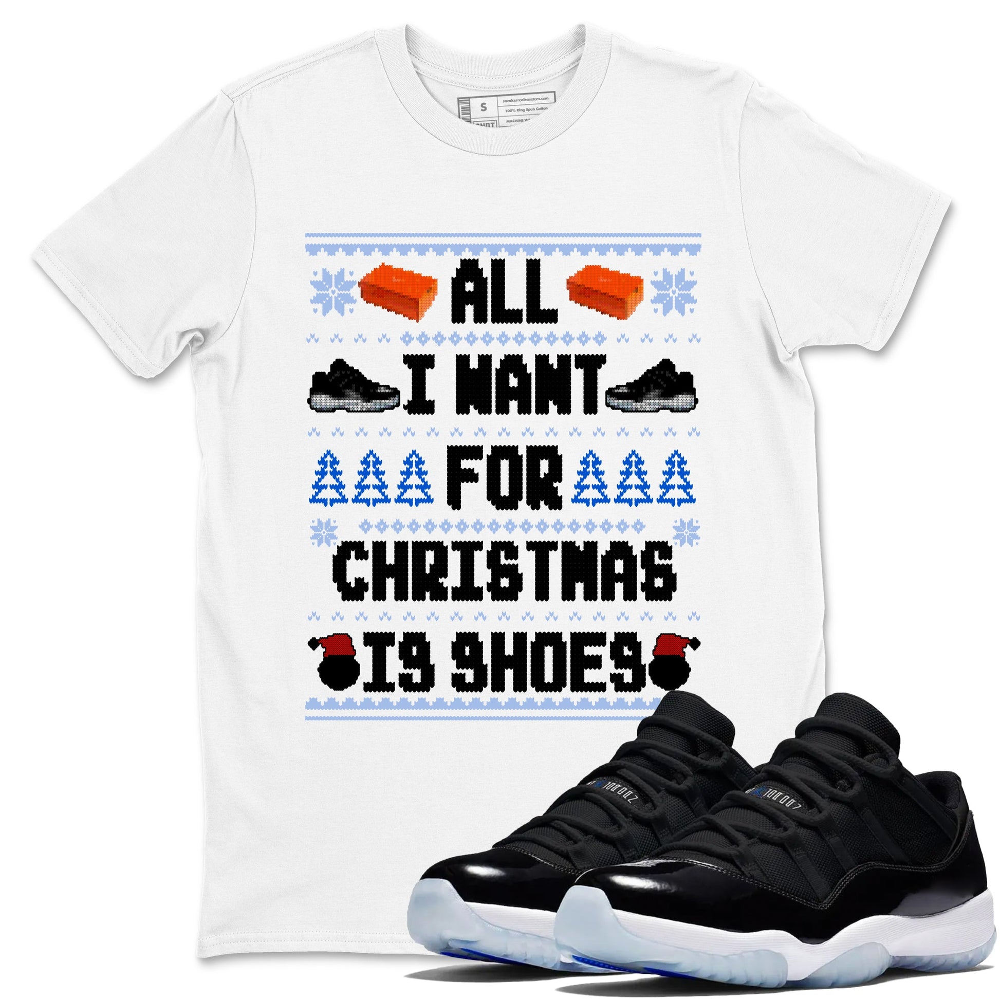 Jordan 11 Low Space Jam t shirts to match sneakers Special Christmas Shirts All I Want For Christmas Is Shoes sneaker match tees Air Jordan 11 Black and Varsity Royal sneaker match tee SNRT Sneaker Tees unisex cotton White 1 shirts