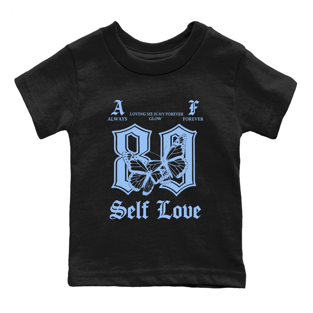 Always Forever baby and kids t-shirt crafted for little sneakerheads to shine with the Air Jordan 4 Aluminum sneakers, displayed in Black 2.