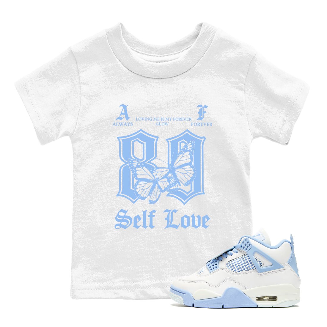 Always Forever baby and kids t-shirt crafted for little sneakerheads to shine with the Air Jordan 4 Aluminum sneakers, displayed in White 1.
