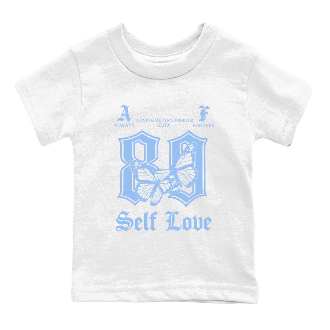 Always Forever baby and kids t-shirt crafted for little sneakerheads to shine with the Air Jordan 4 Aluminum sneakers, displayed in White 2.
