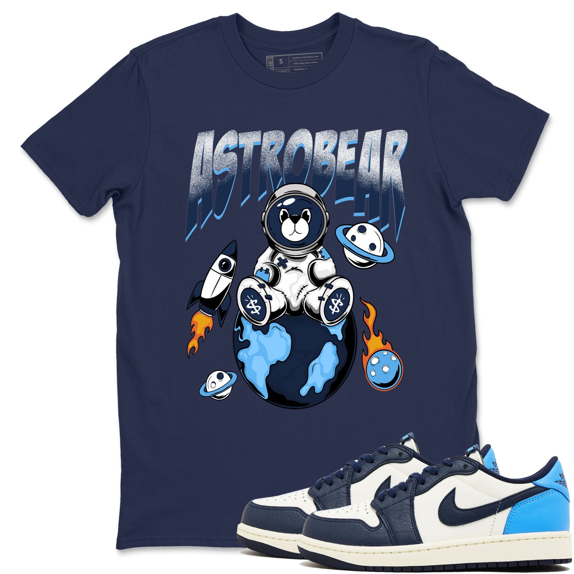 1s Obsidian shirts to match jordans Astrobear shirts to match Jordans AJ1 Retro Low OG Obsidian match shoes to clothes SNRT Sneaker Tees unisex cotton Navy 1 shirts