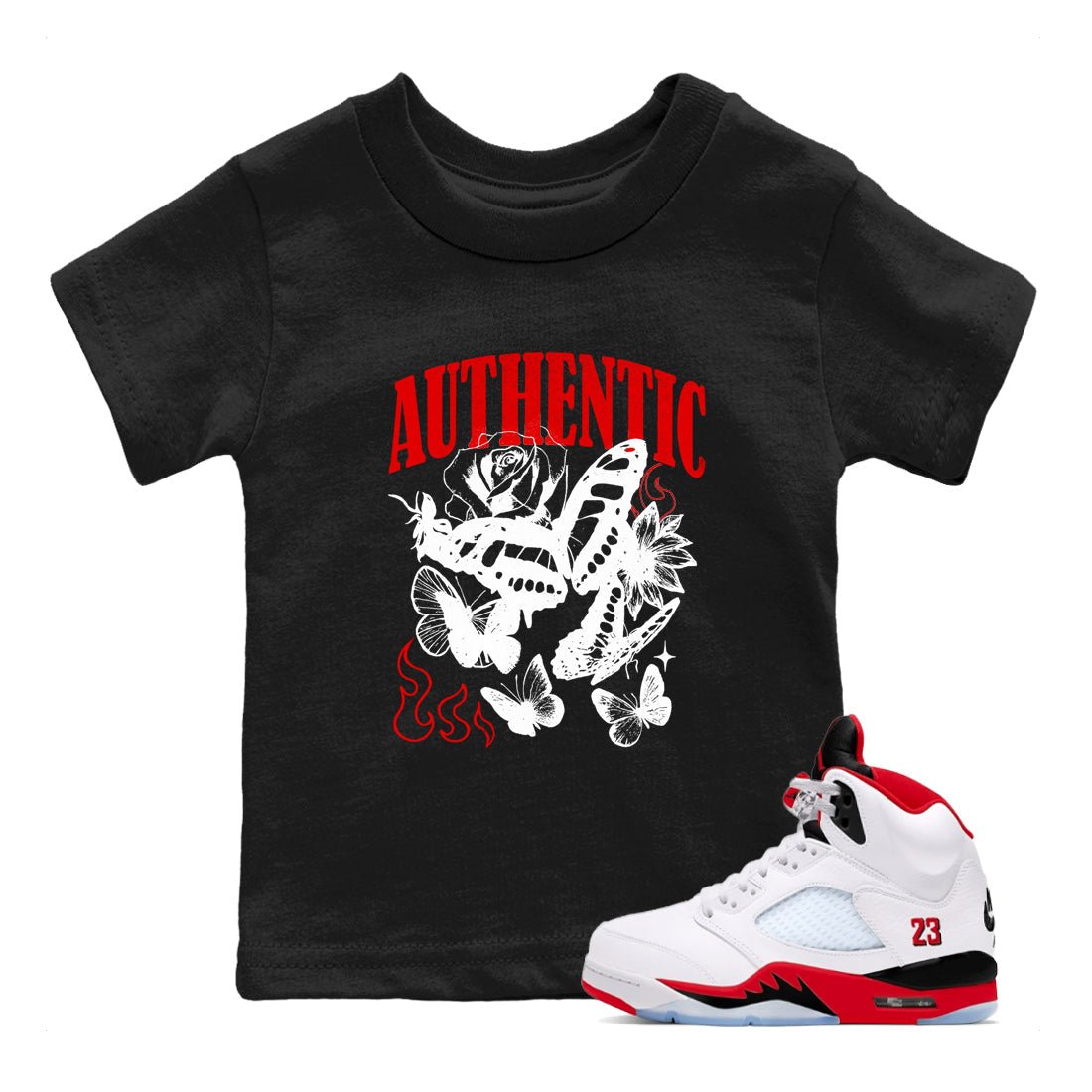 Authentic Flame baby and kids t-shirt crafted for little sneakerheads to shine with the Air Jordan 5 Fire Red sneakers, displayed in Black 1.