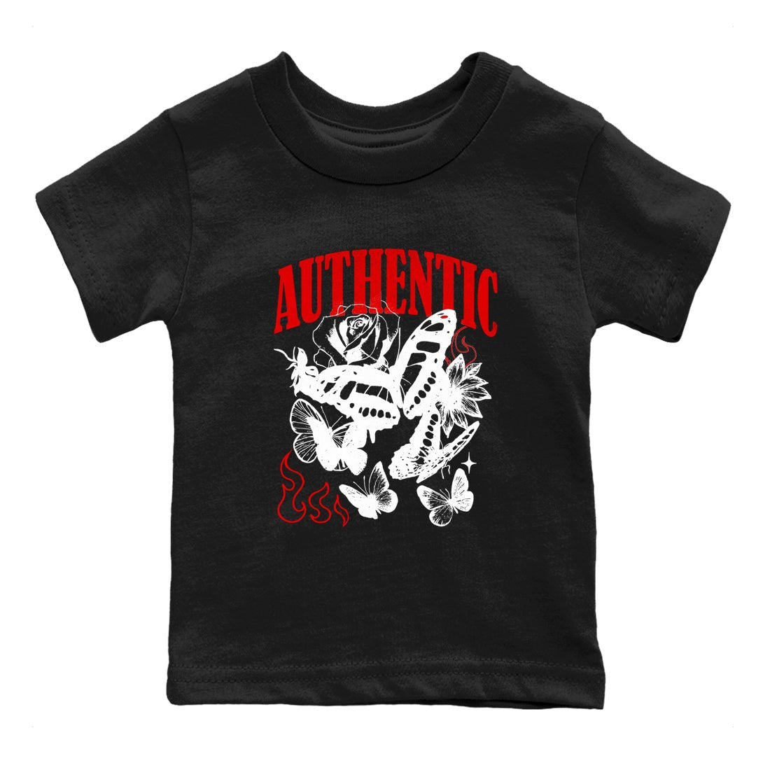 Authentic Flame baby and kids t-shirt crafted for little sneakerheads to shine with the Air Jordan 5 Fire Red sneakers, displayed in Black 2.