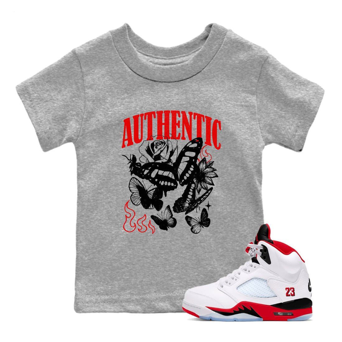 Authentic Flame baby and kids t-shirt crafted for little sneakerheads to shine with the Air Jordan 5 Fire Red sneakers, displayed in Heather Grey 1.