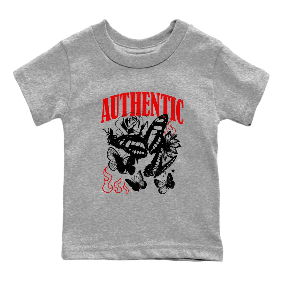 Authentic Flame baby and kids t-shirt crafted for little sneakerheads to shine with the Air Jordan 5 Fire Red sneakers, displayed in Heather Grey 2.