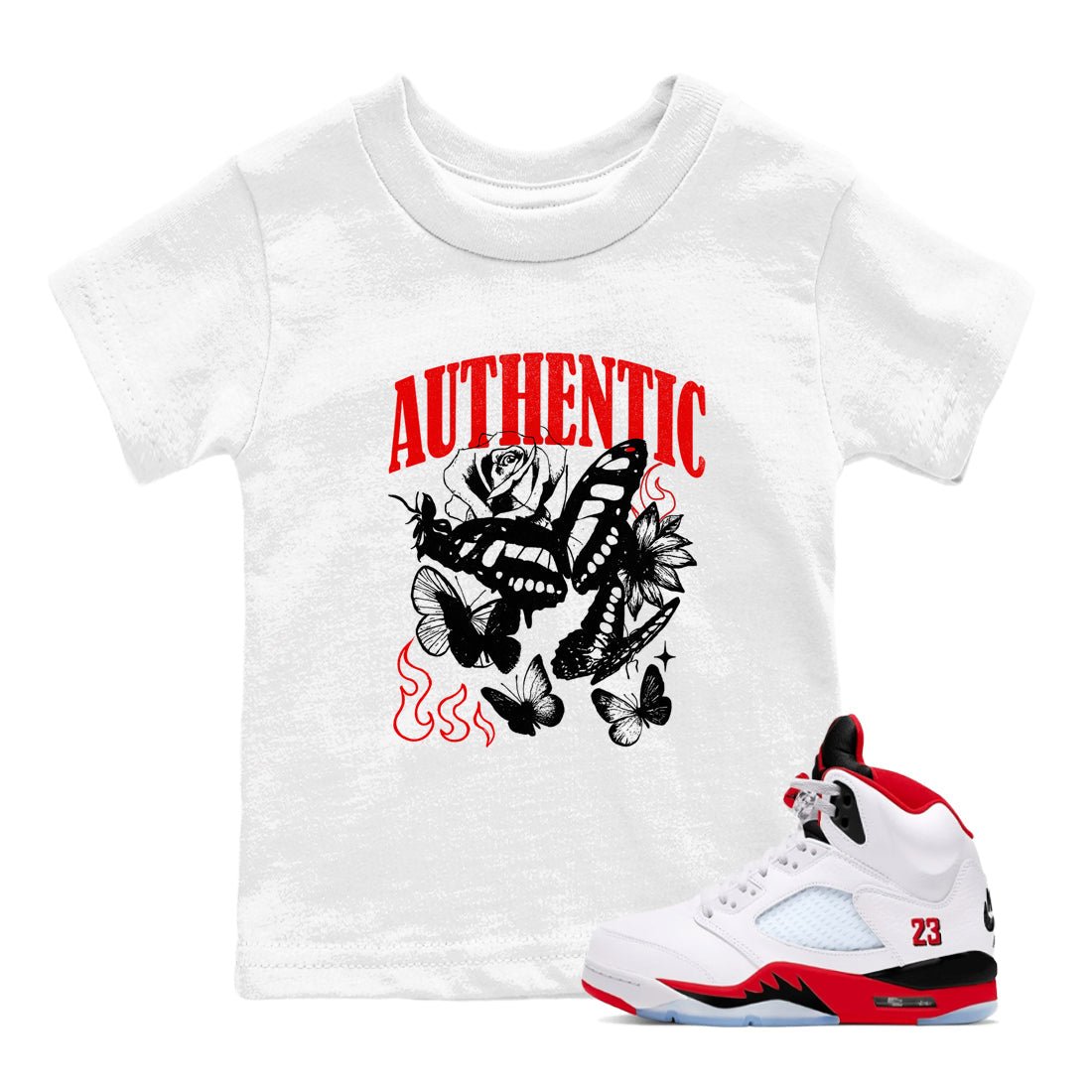 Authentic Flame baby and kids t-shirt crafted for little sneakerheads to shine with the Air Jordan 5 Fire Red sneakers, displayed in White 1.