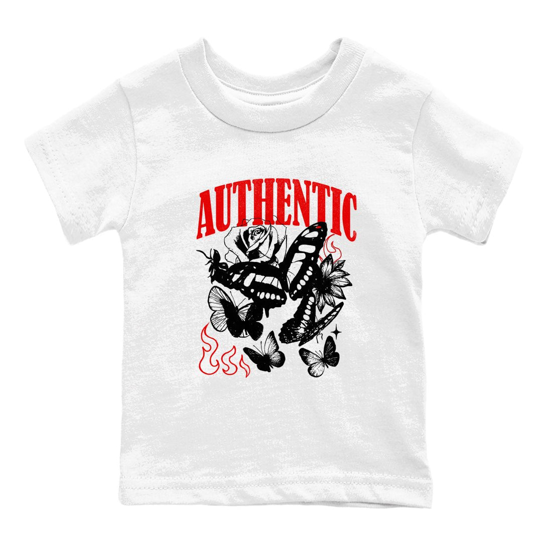 Authentic Flame baby and kids t-shirt crafted for little sneakerheads to shine with the Air Jordan 5 Fire Red sneakers, displayed in White 2.