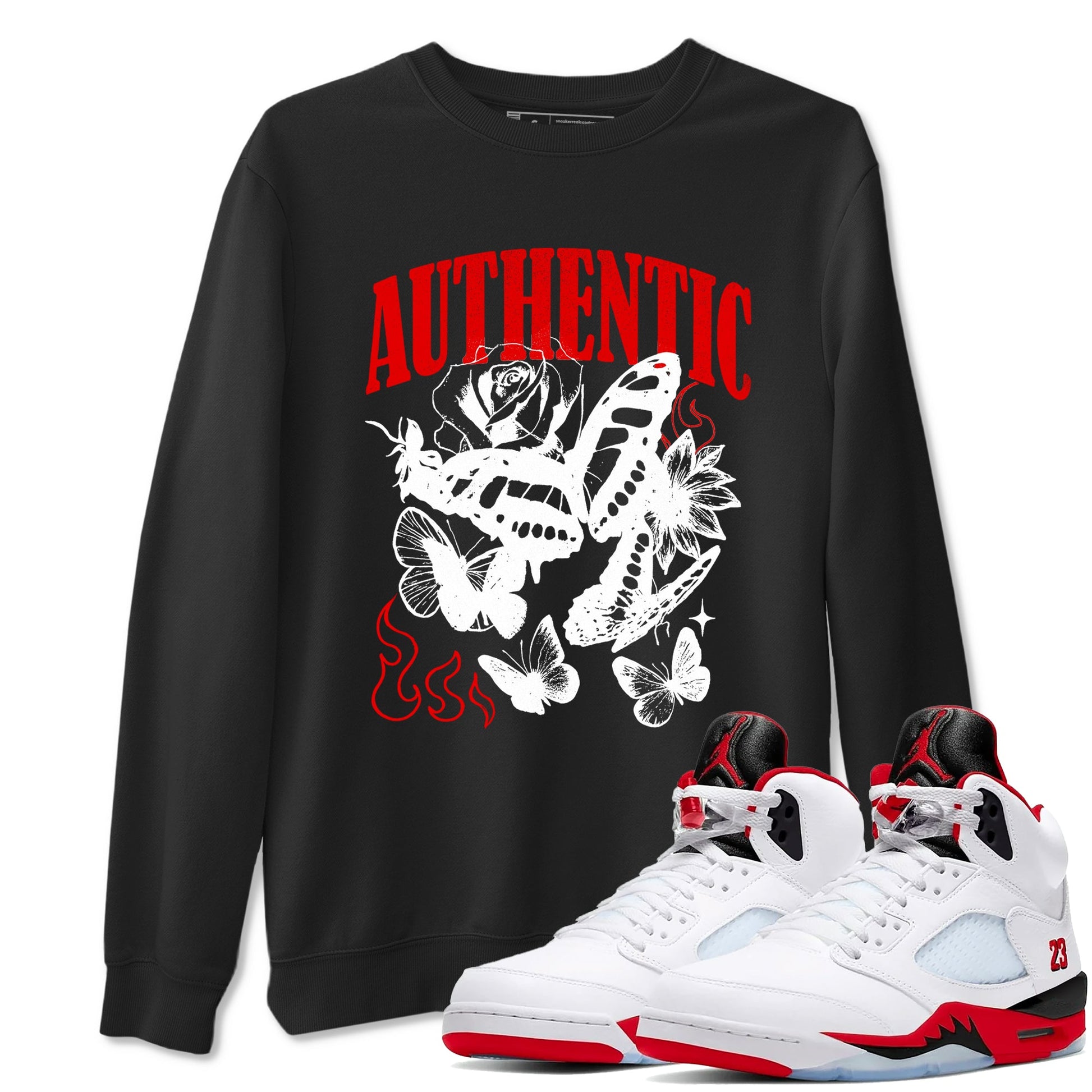 Authentic Flame sneaker match t-shirt styled to complete your fit with the Air Jordan 5 Fire Red sneakers, shown in Black 1.