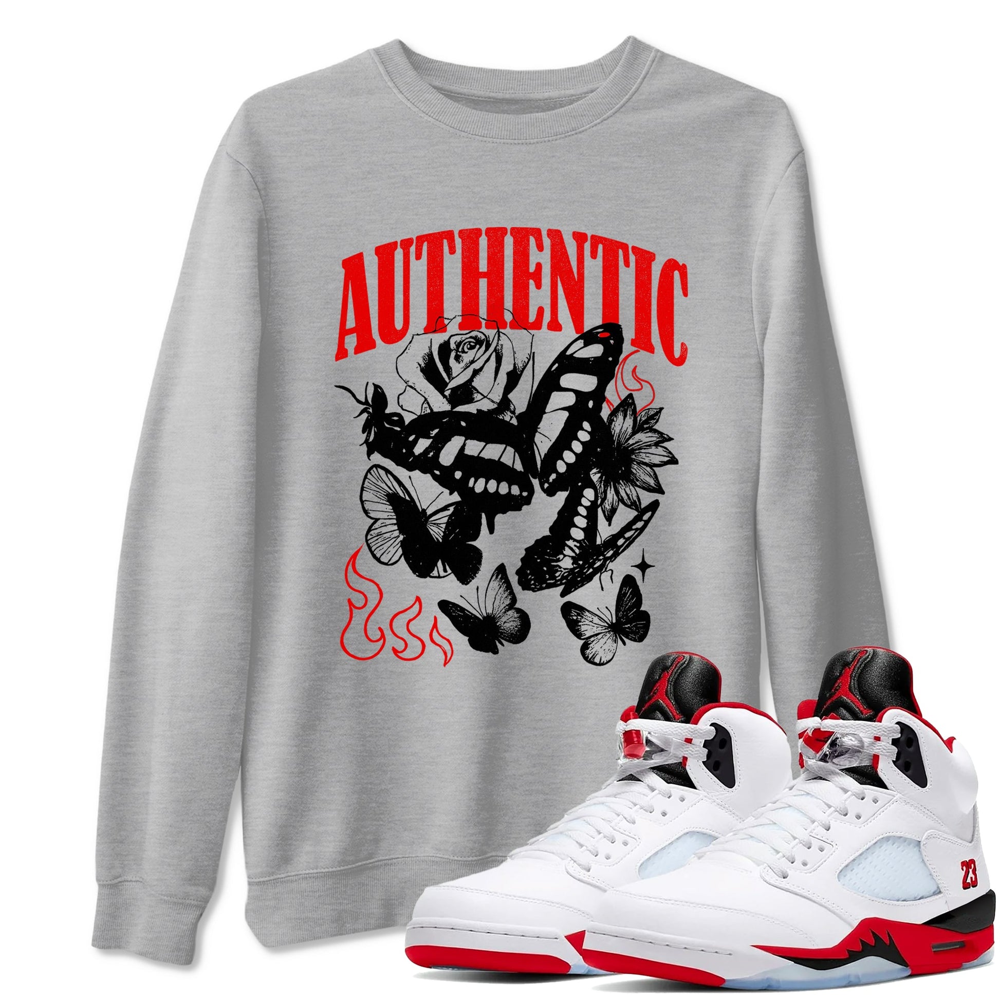 Authentic Flame sneaker match t-shirt styled to complete your fit with the Air Jordan 5 Fire Red sneakers, shown in Heather Grey 1.