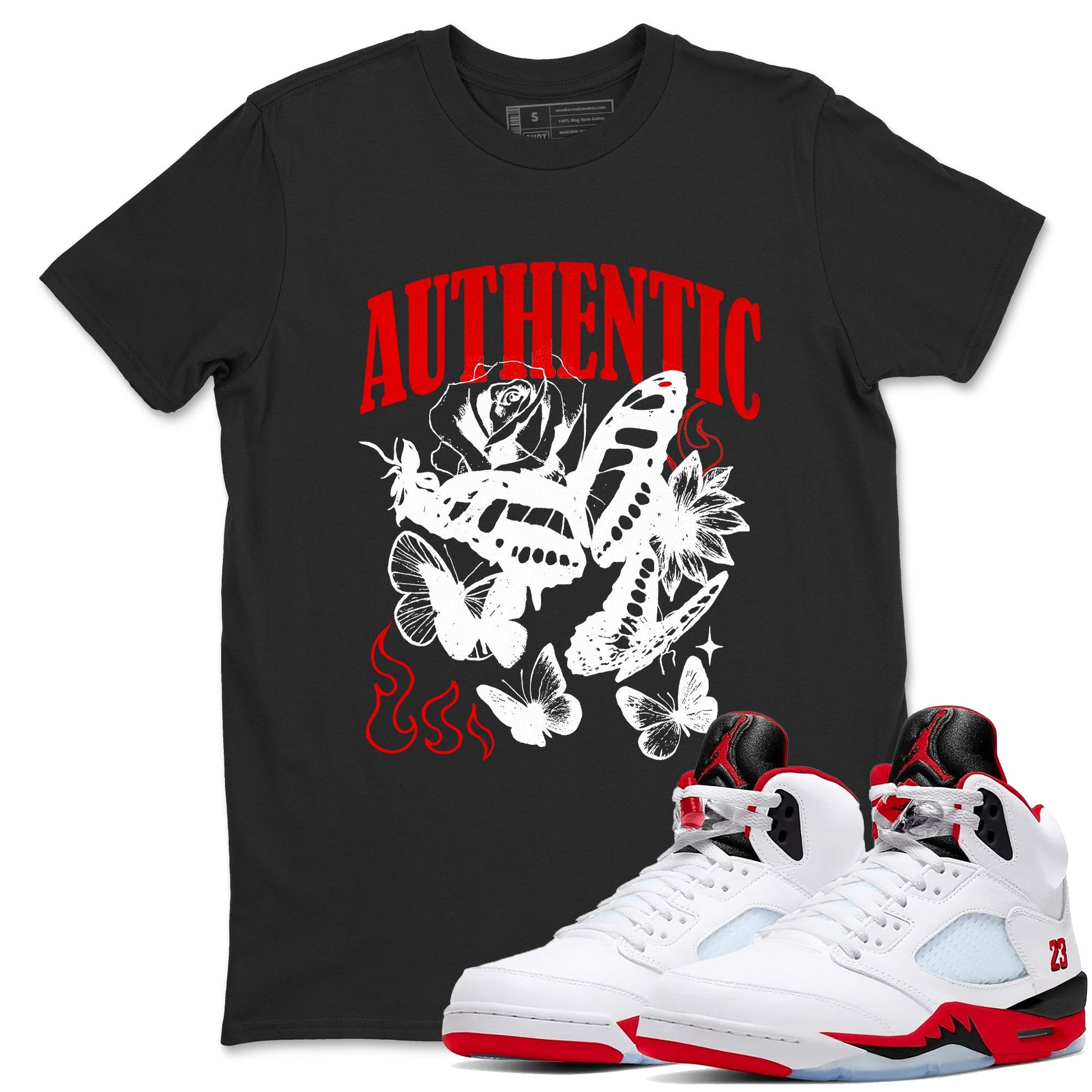 Authentic Flame sneaker match t-shirt styled to complete your fit with the Air Jordan 5 Fire Red sneakers, shown in Black 1.